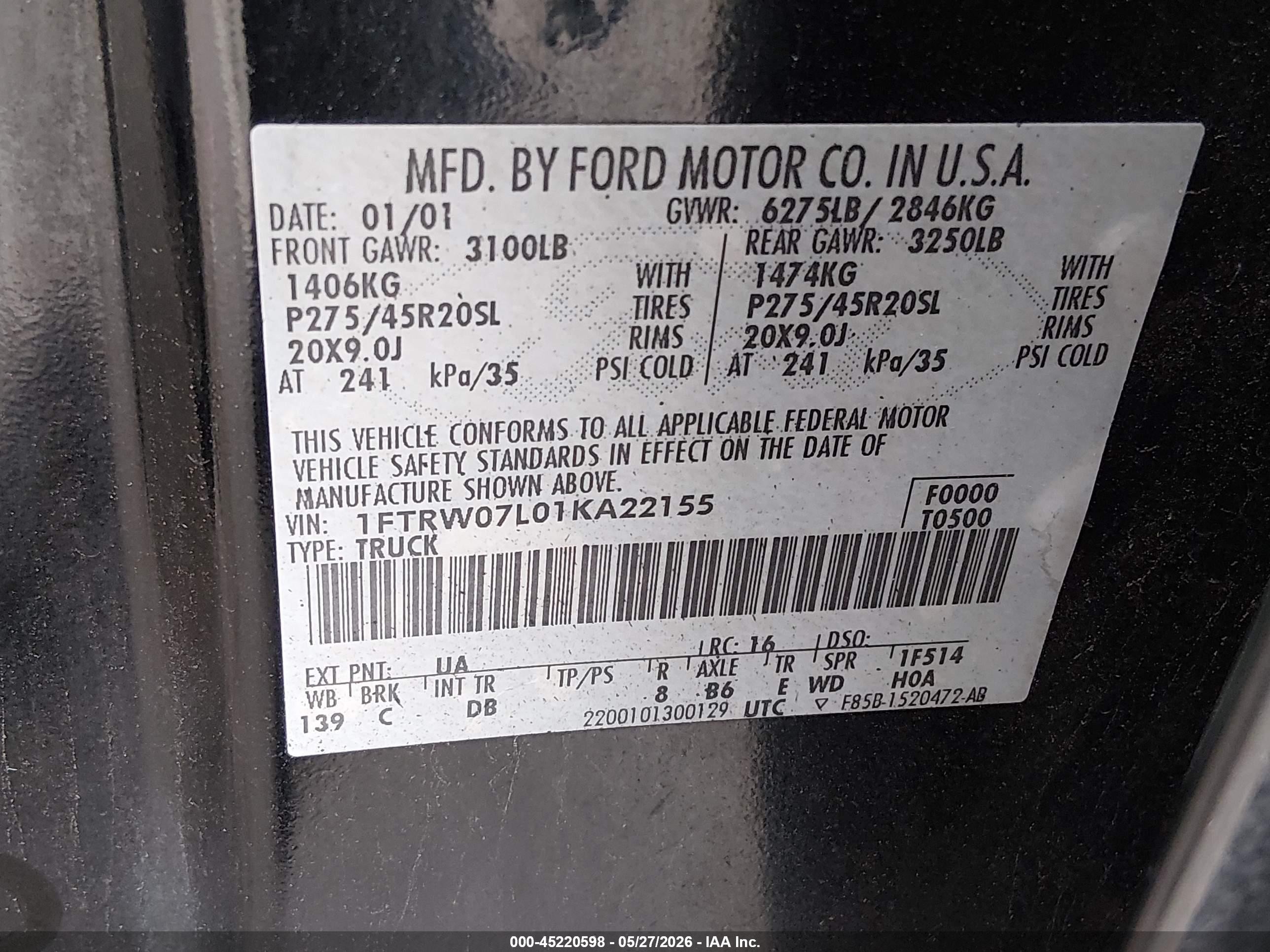 2001 Ford F-150   Black vin: 1FTRW07L01KA22155