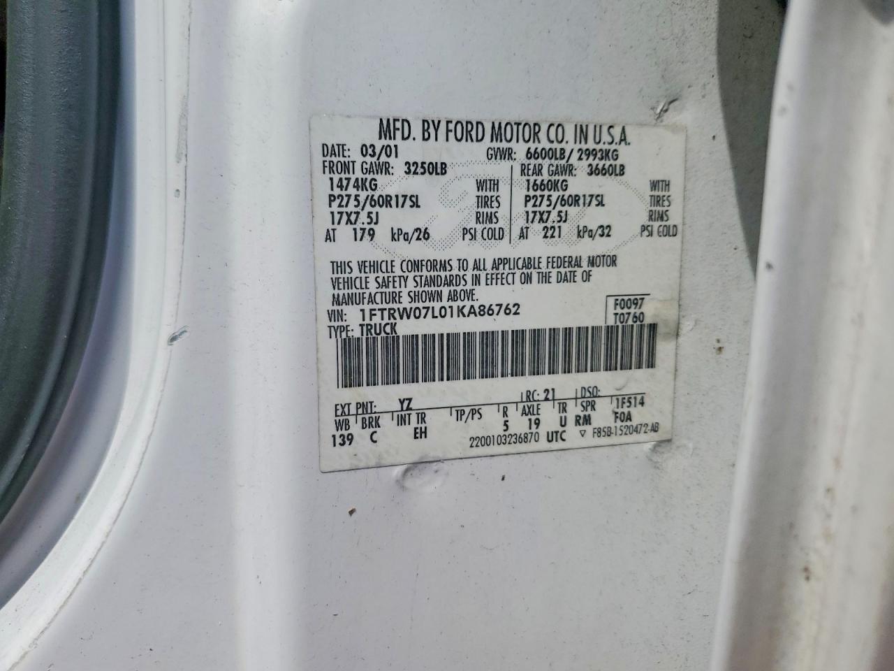 2001 Ford F150 Supercrew White vin: 1FTRW07L01KA86762