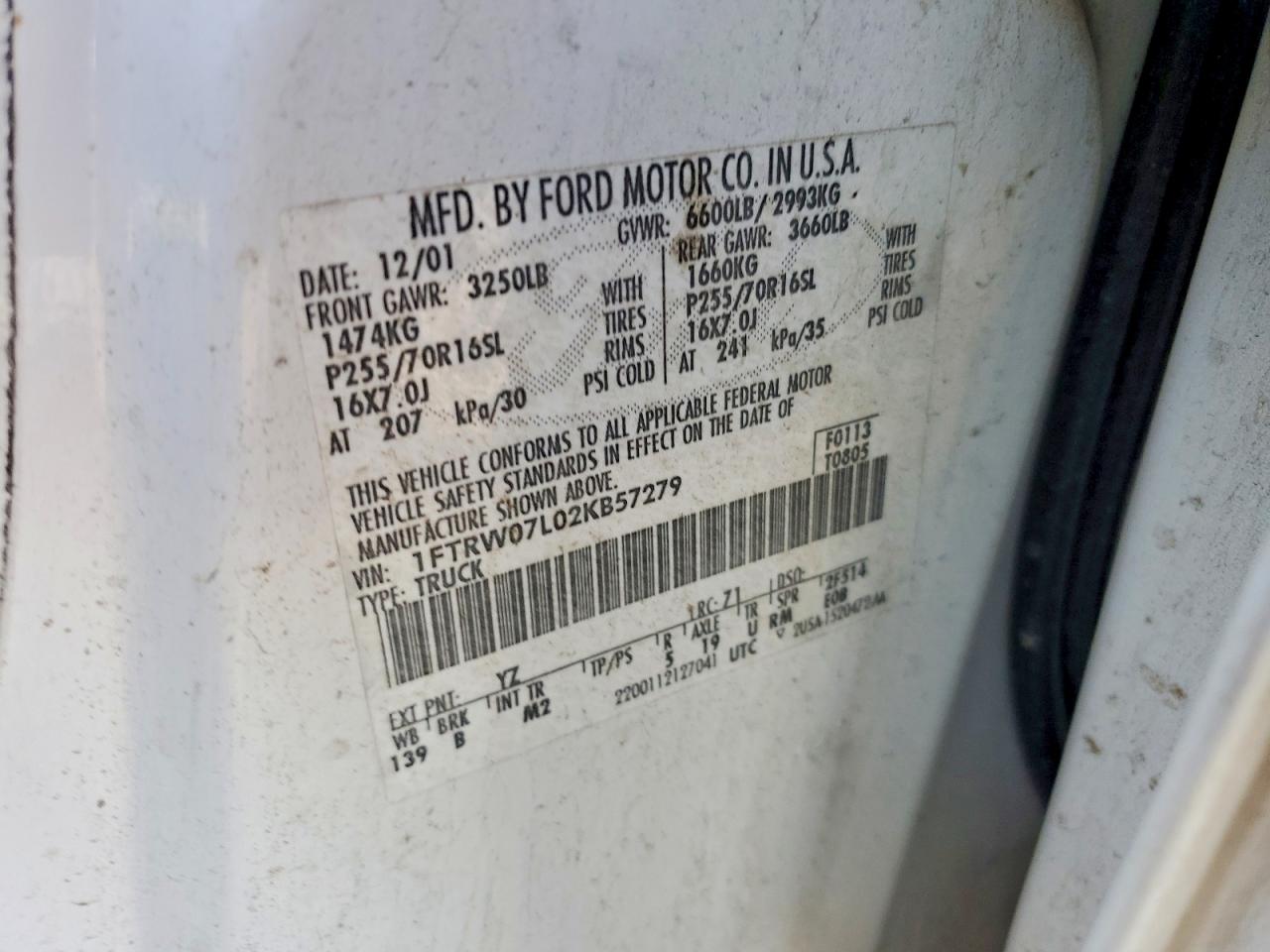 2002 Ford F150 Supercrew White vin: 1FTRW07L02KB57279
