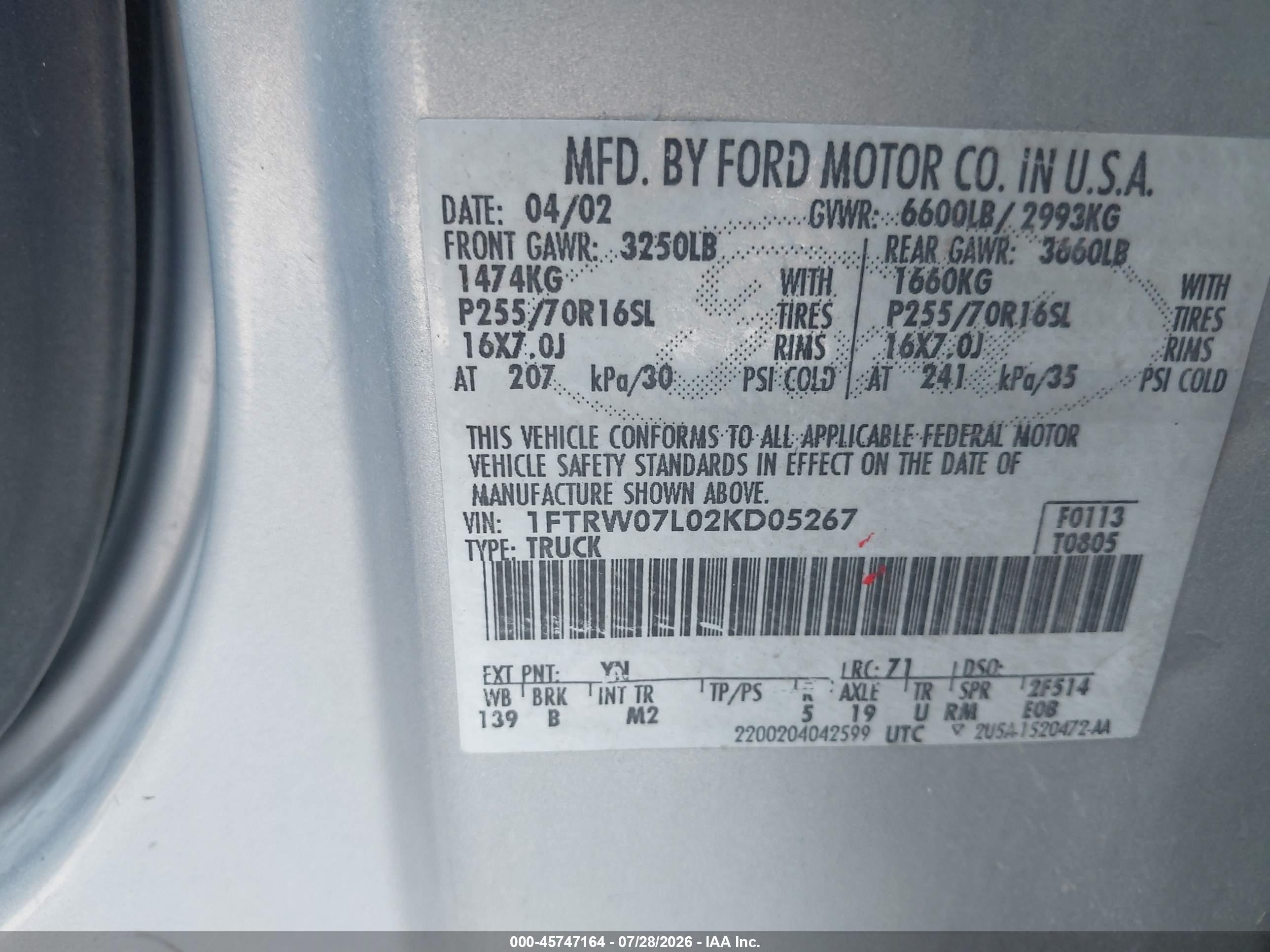 2002 Ford F-150 Lariat/xlt Silver vin: 1FTRW07L02KD05267