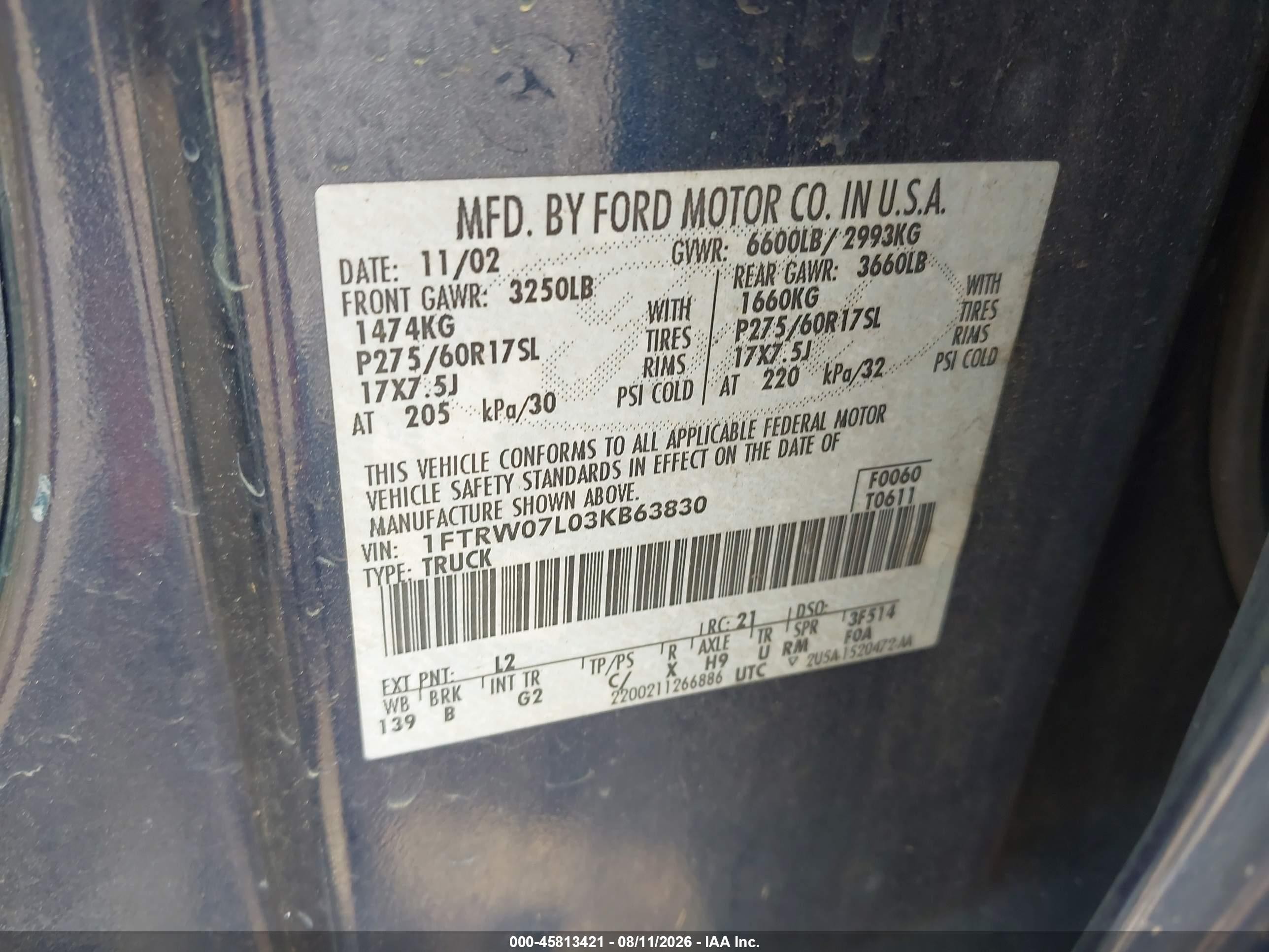 2003 Ford F-150 Lariat/xlt Blue vin: 1FTRW07L03KB63830