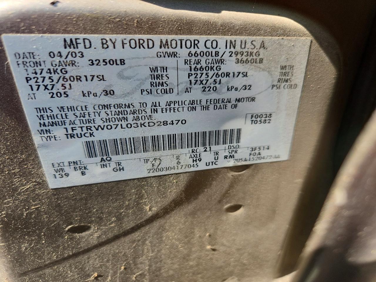 2003 Ford F150 Supercrew Tan vin: 1FTRW07L03KD28470