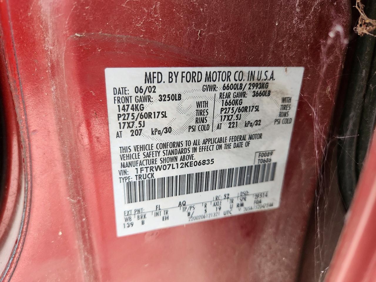 2002 Ford F150 Supercrew Red vin: 1FTRW07L12KE06835