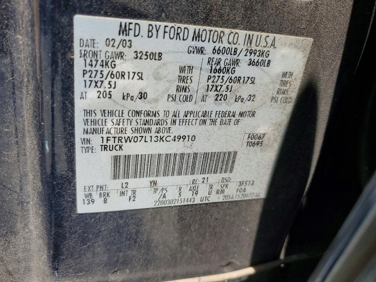 2003 Ford F150 Supercrew Blue vin: 1FTRW07L13KC49910
