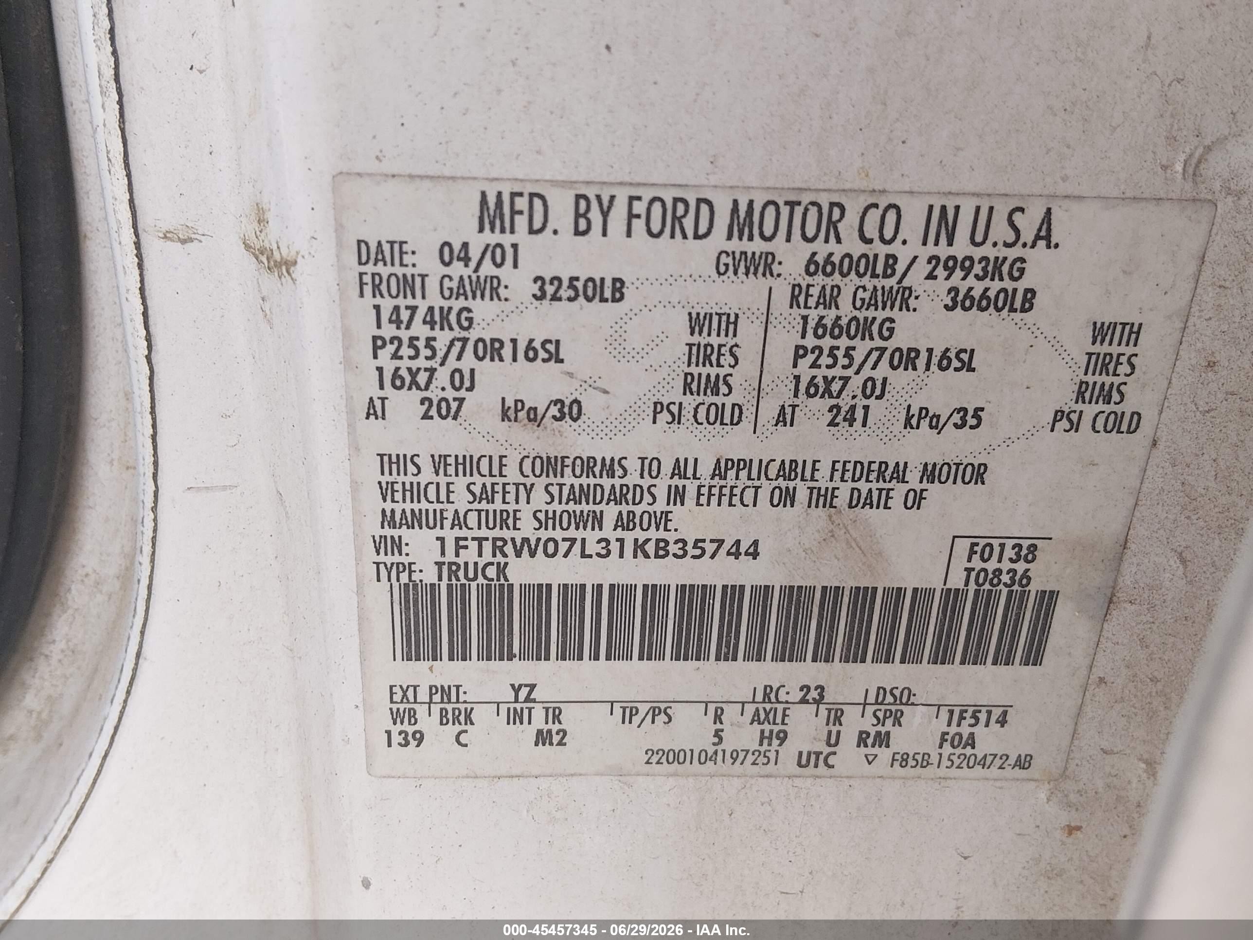 2001 Ford F-150 Harley-davidson Edition/king Ranch Edition/lariat/xlt Белый vin: 1FTRW07L31KB35744
