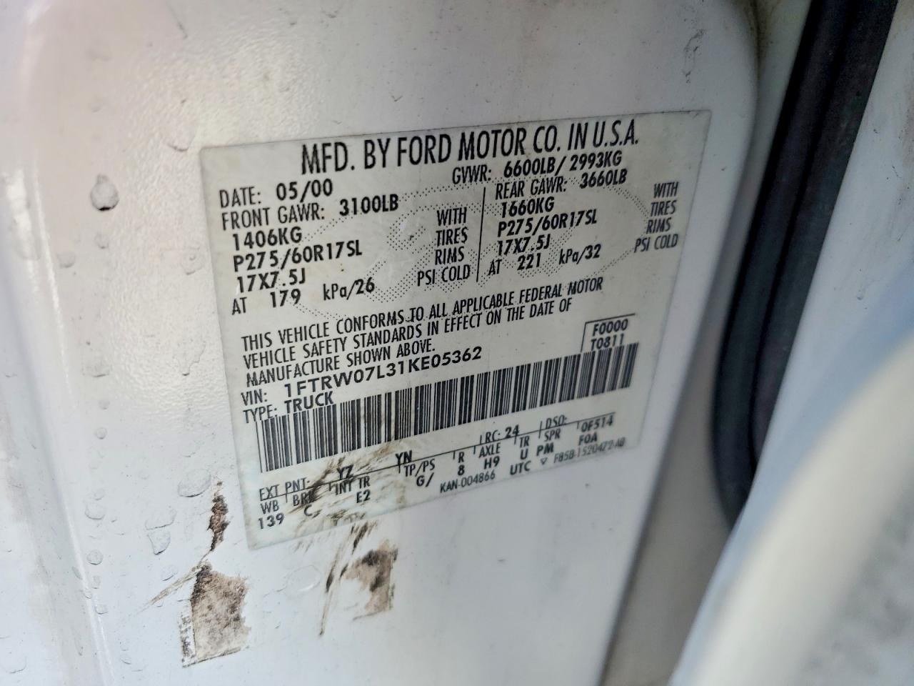 2001 Ford F150 Supercrew White vin: 1FTRW07L31KE05362