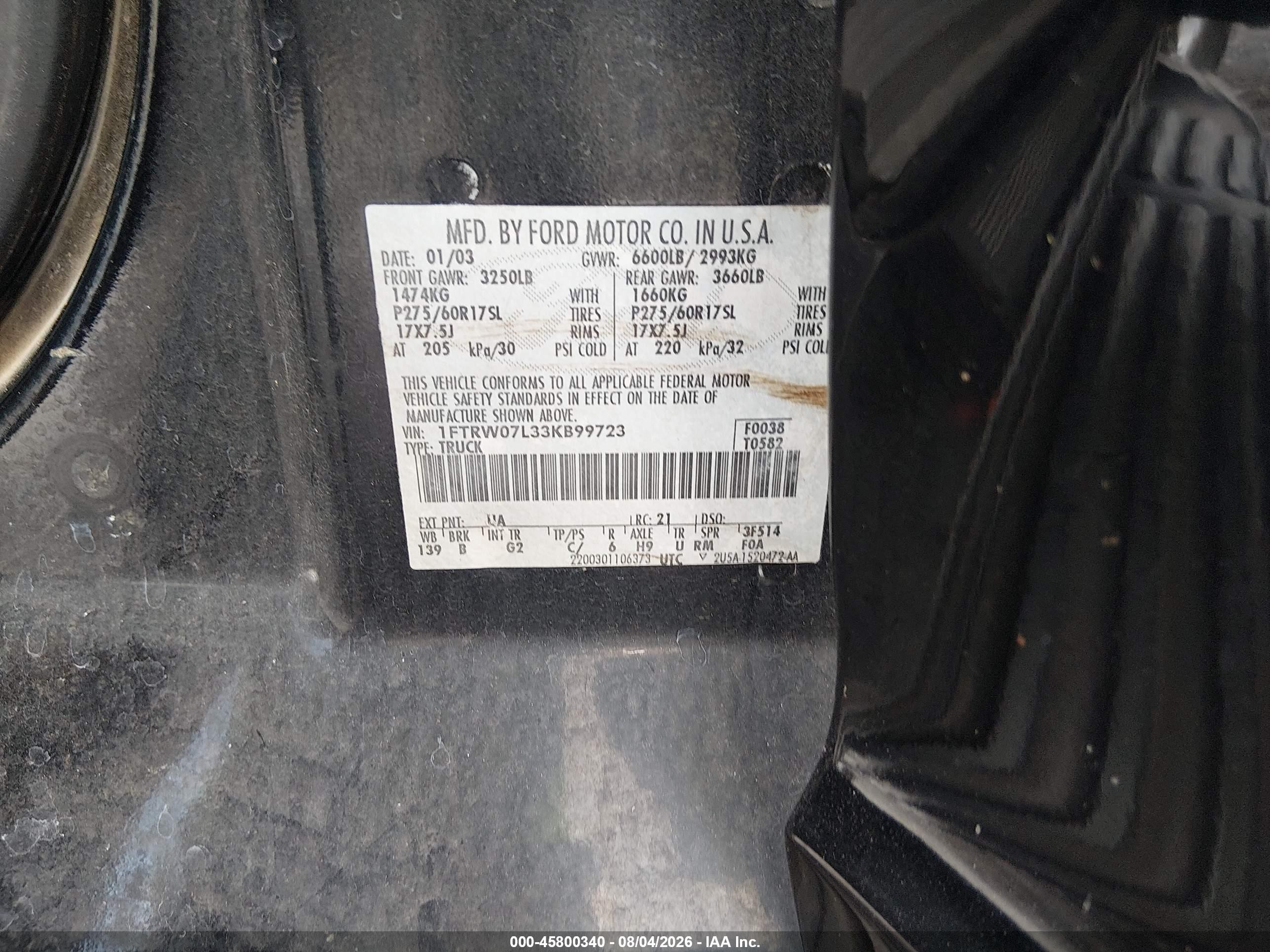 2003 Ford F-150 Lariat/xlt Black vin: 1FTRW07L33KB99723