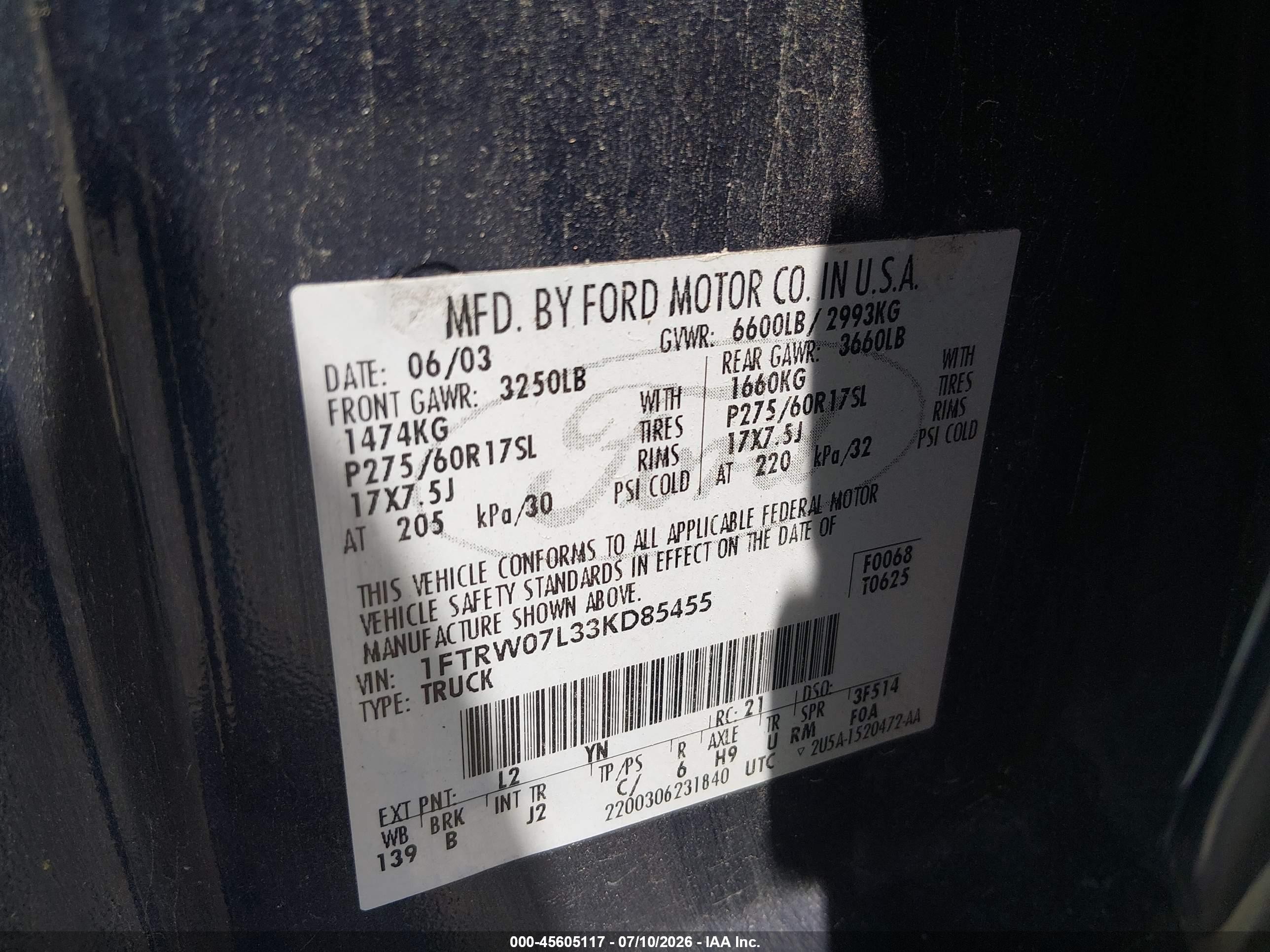 2003 Ford F-150 Lariat/xlt Blue vin: 1FTRW07L33KD85455