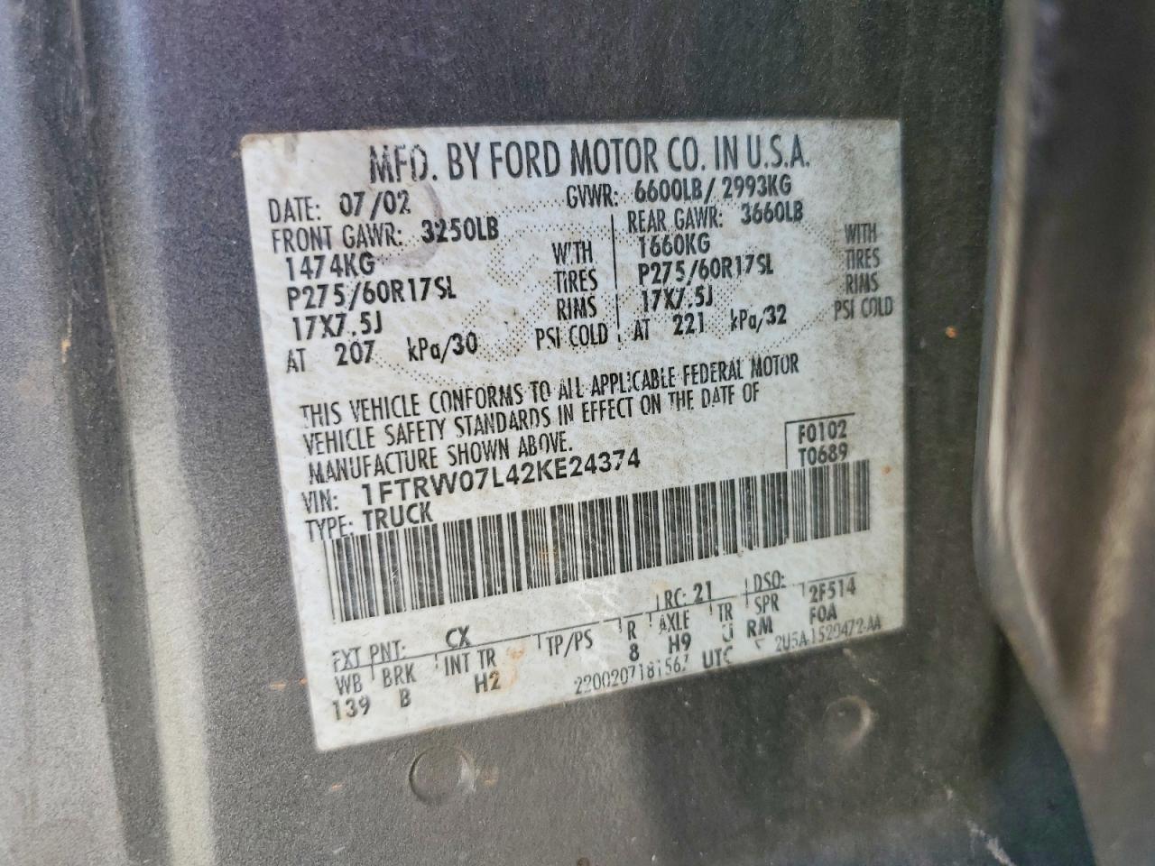 2002 Ford F150 Supercrew Gray vin: 1FTRW07L42KE24374