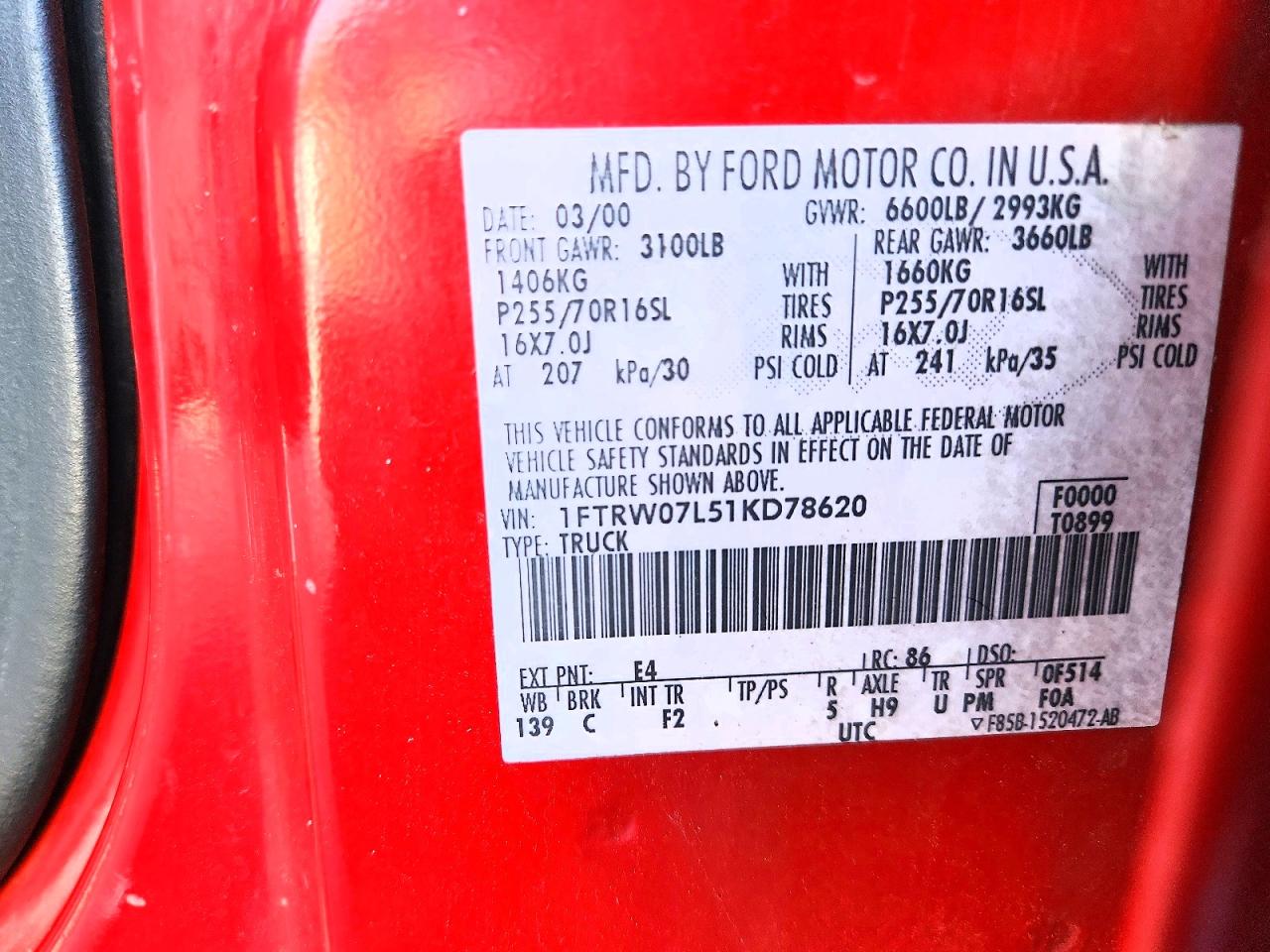 2001 Ford F-150 Supercrew Red vin: 1FTRW07L51KD78620
