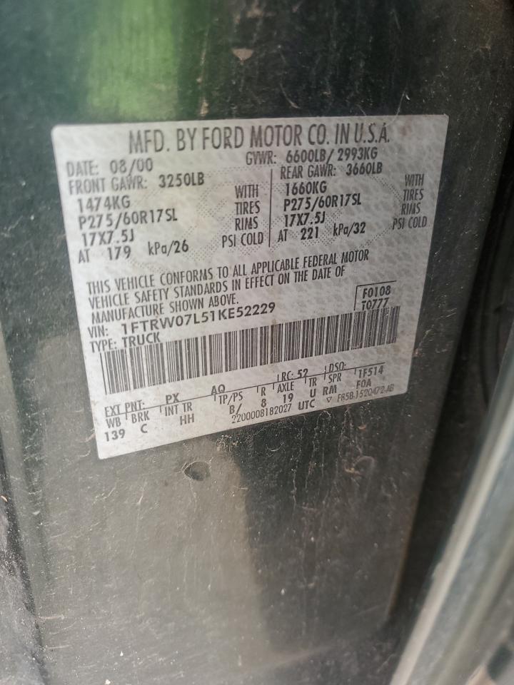 2001 Ford F150 Supercrew Green vin: 1FTRW07L51KE52229