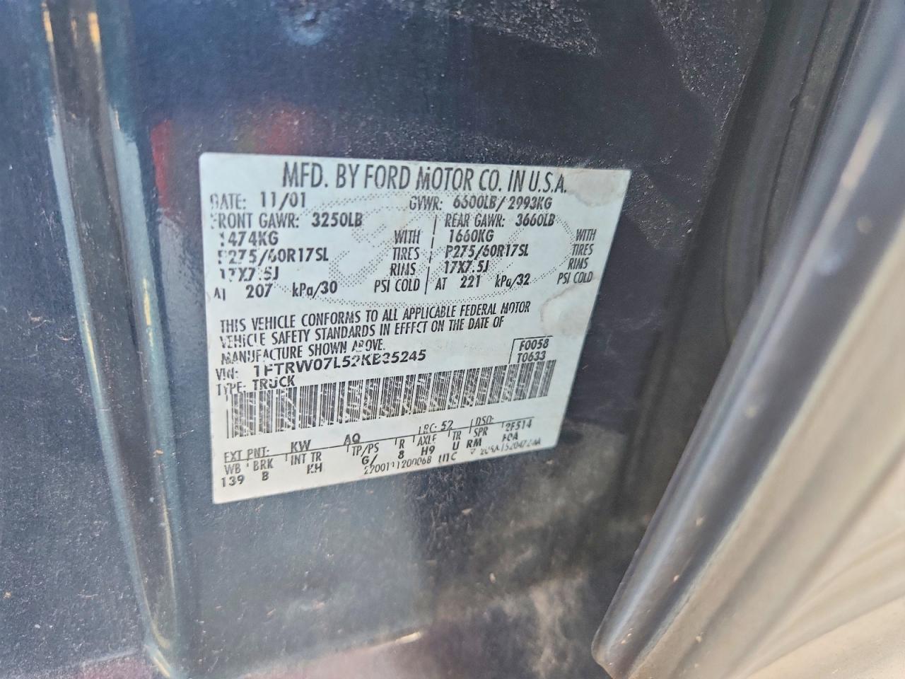 2002 Ford F150 Supercrew Blue vin: 1FTRW07L52KB35245