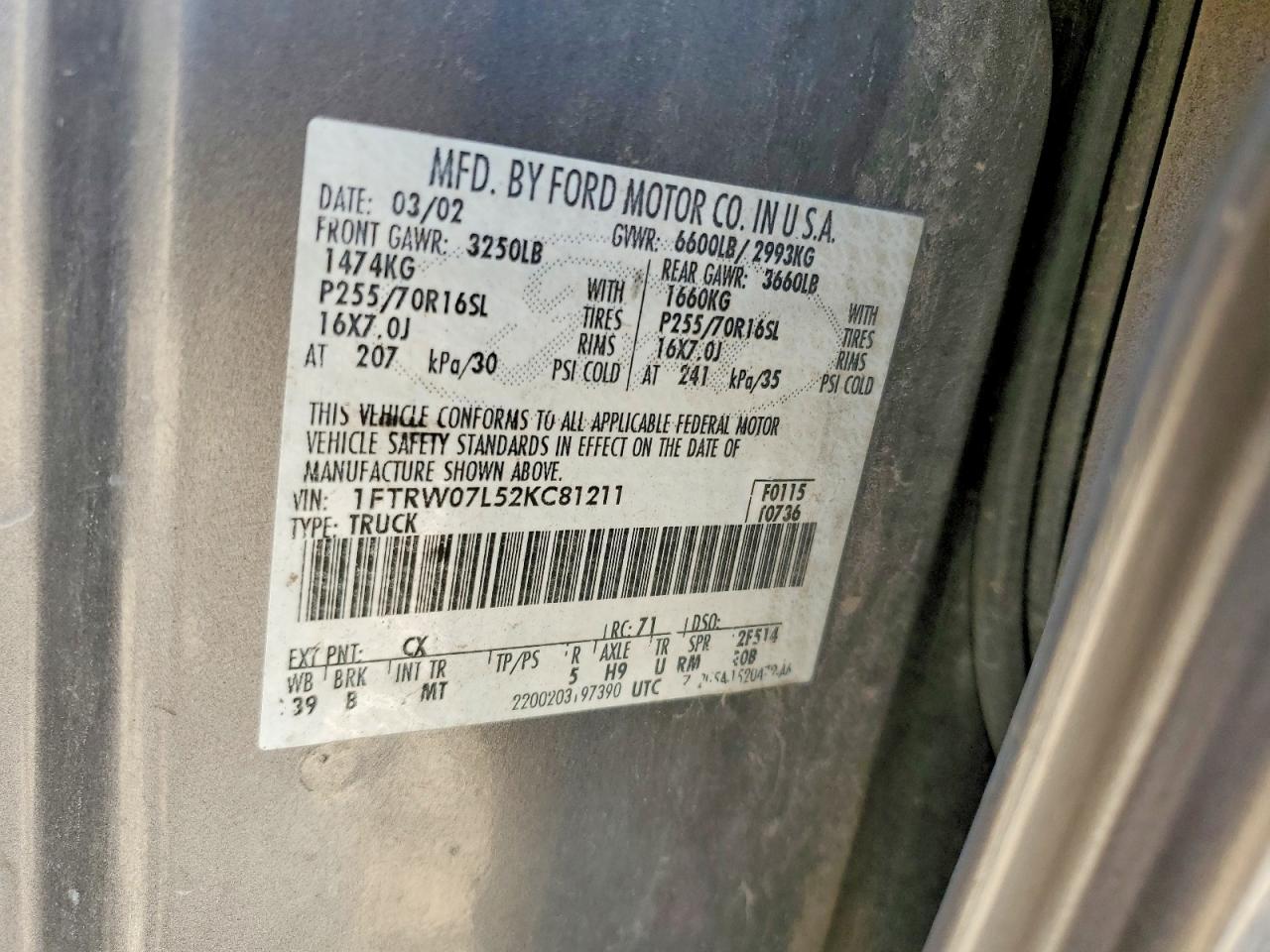 2002 Ford F150 Supercrew Серый vin: 1FTRW07L52KC81211