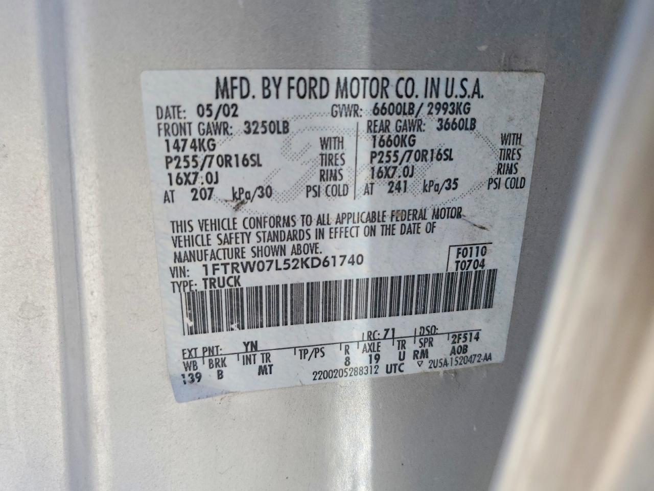 2002 Ford F150 Supercrew Silver vin: 1FTRW07L52KD61740