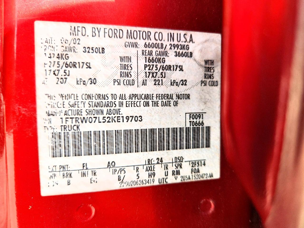2002 Ford F150 Red vin: 1FTRW07L52KE19703