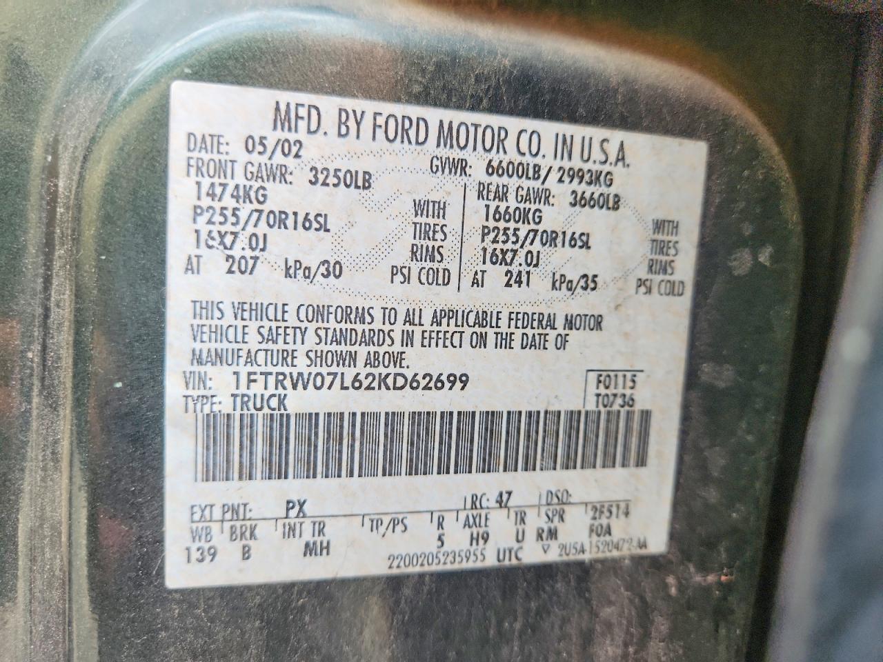 2002 Ford F150 Supercrew Зеленый vin: 1FTRW07L62KD62699