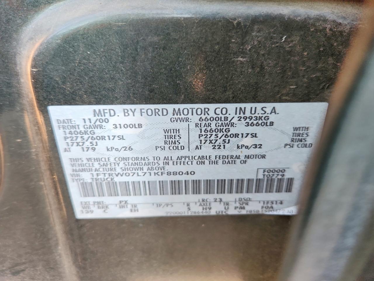 2001 Ford F150 Supercrew Green vin: 1FTRW07L71KF88040