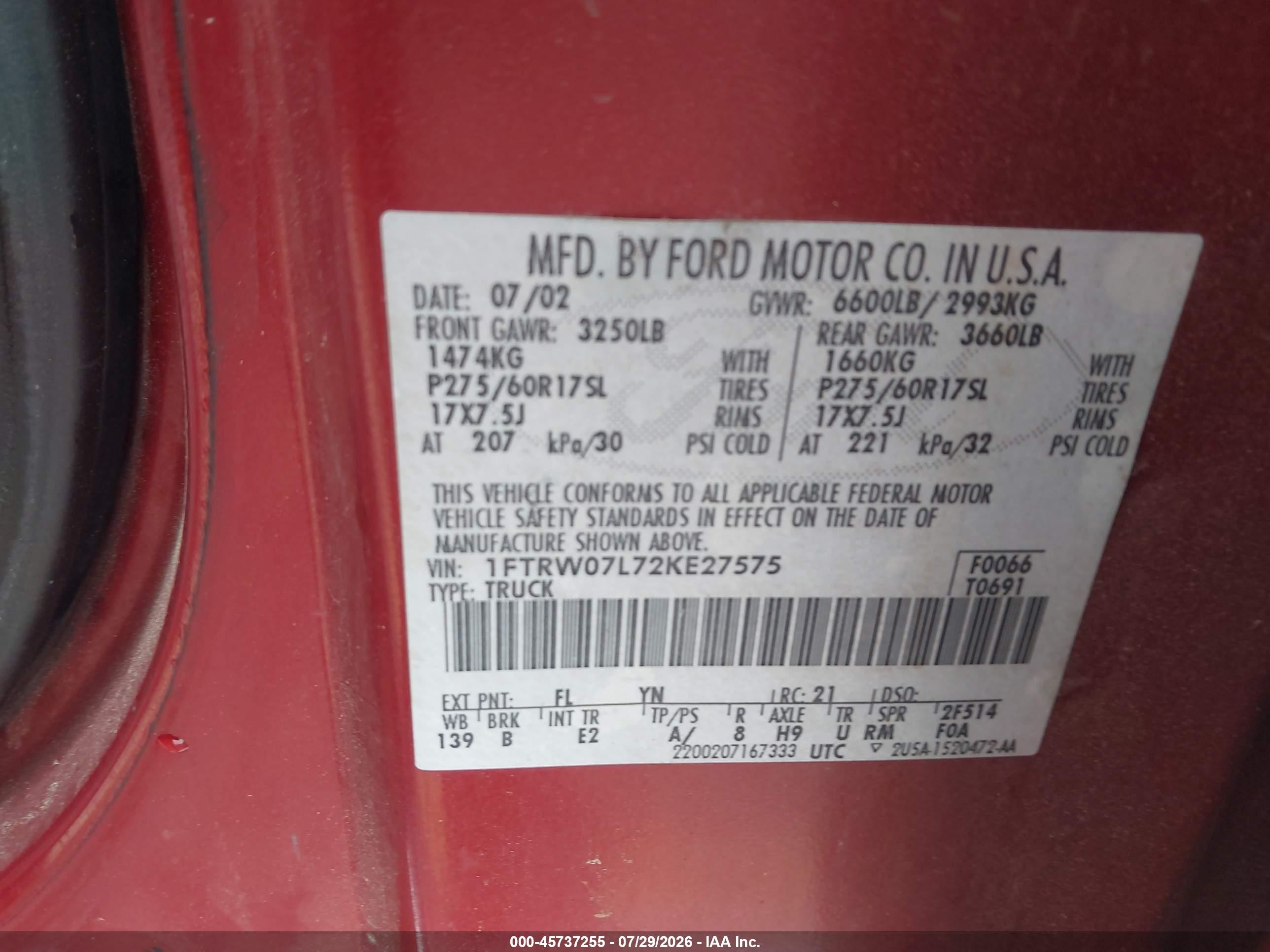 2002 Ford F-150 Lariat/xlt Red vin: 1FTRW07L72KE27575