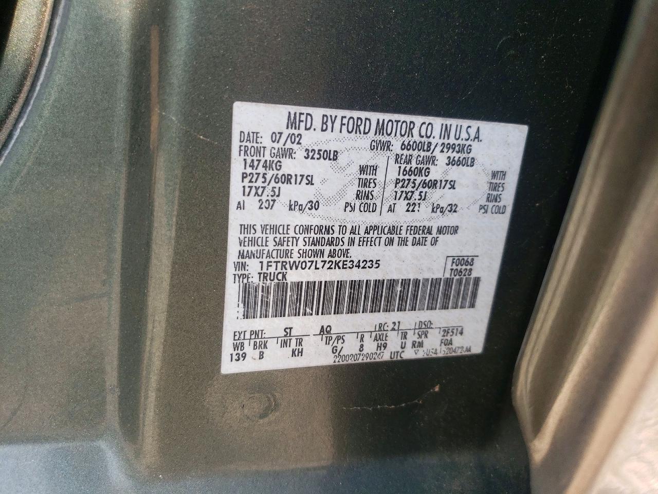 2002 Ford F150 Supercrew Green vin: 1FTRW07L72KE34235