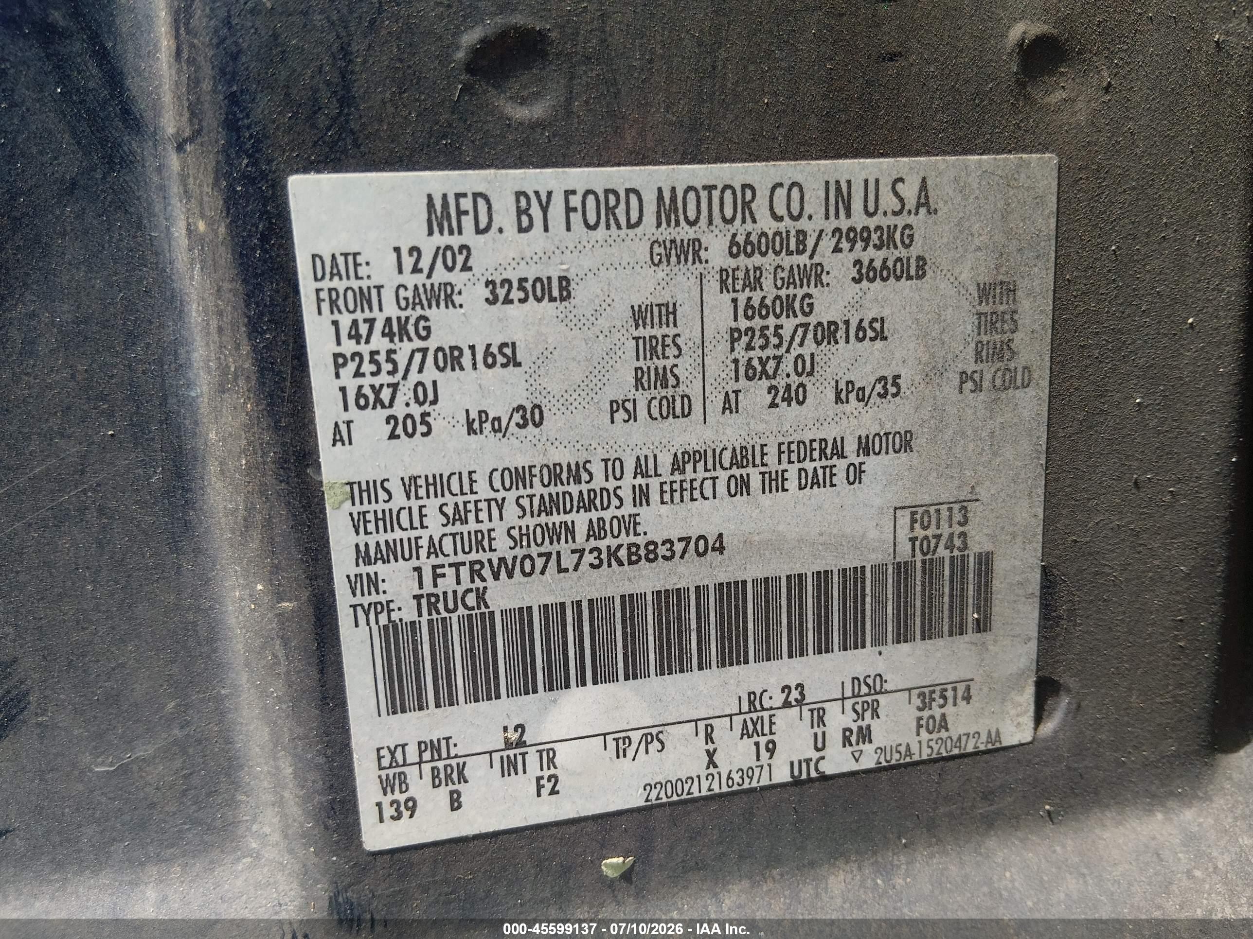 2003 Ford F-150 Lariat/xlt Blue vin: 1FTRW07L73KB83704