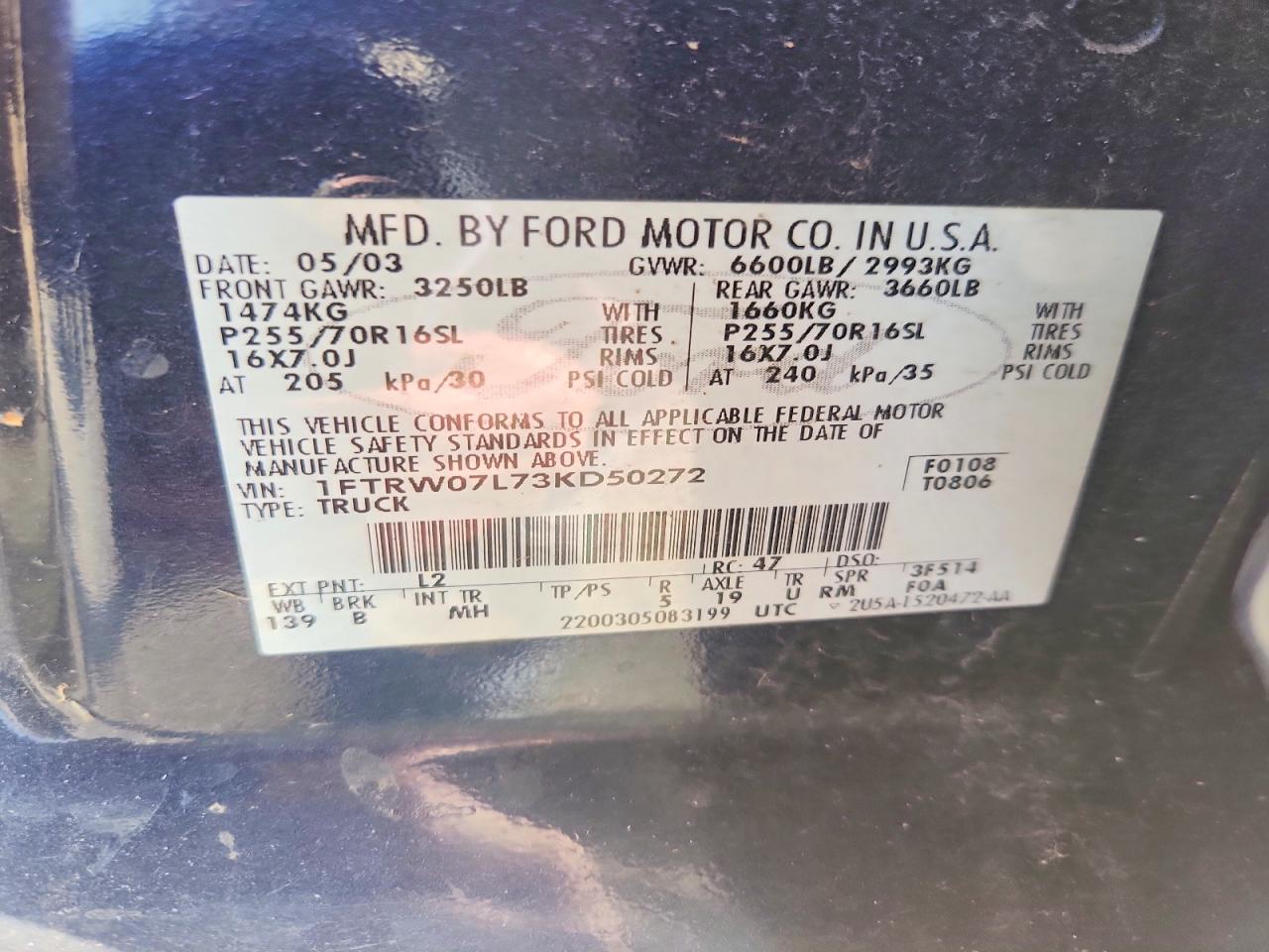 2003 Ford F150 Supercrew Blue vin: 1FTRW07L73KD50272