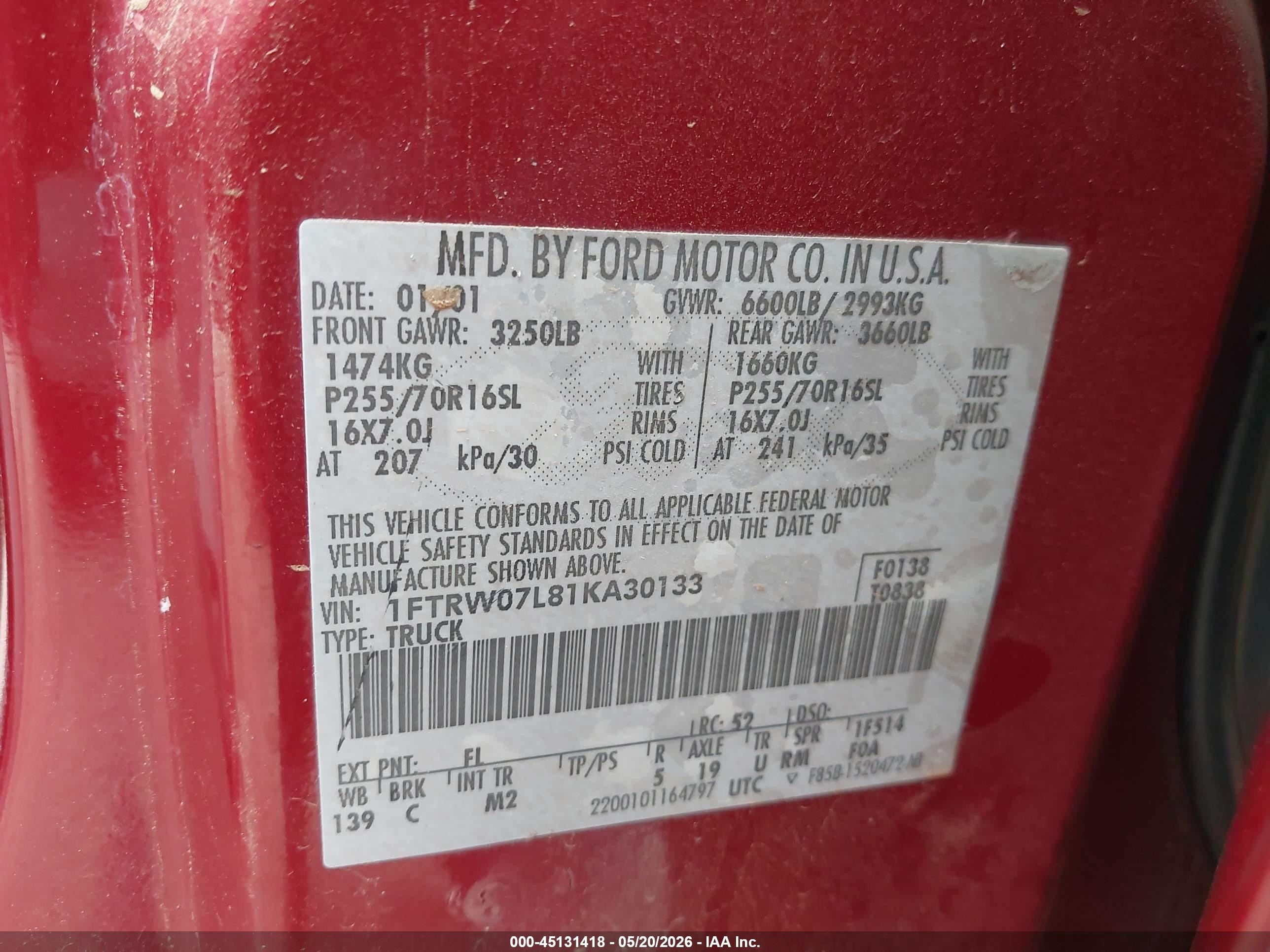 2001 Ford F-150 Harley-davidson Edition/king Ranch Edition/lariat/xlt Maroon vin: 1FTRW07L81KA30133