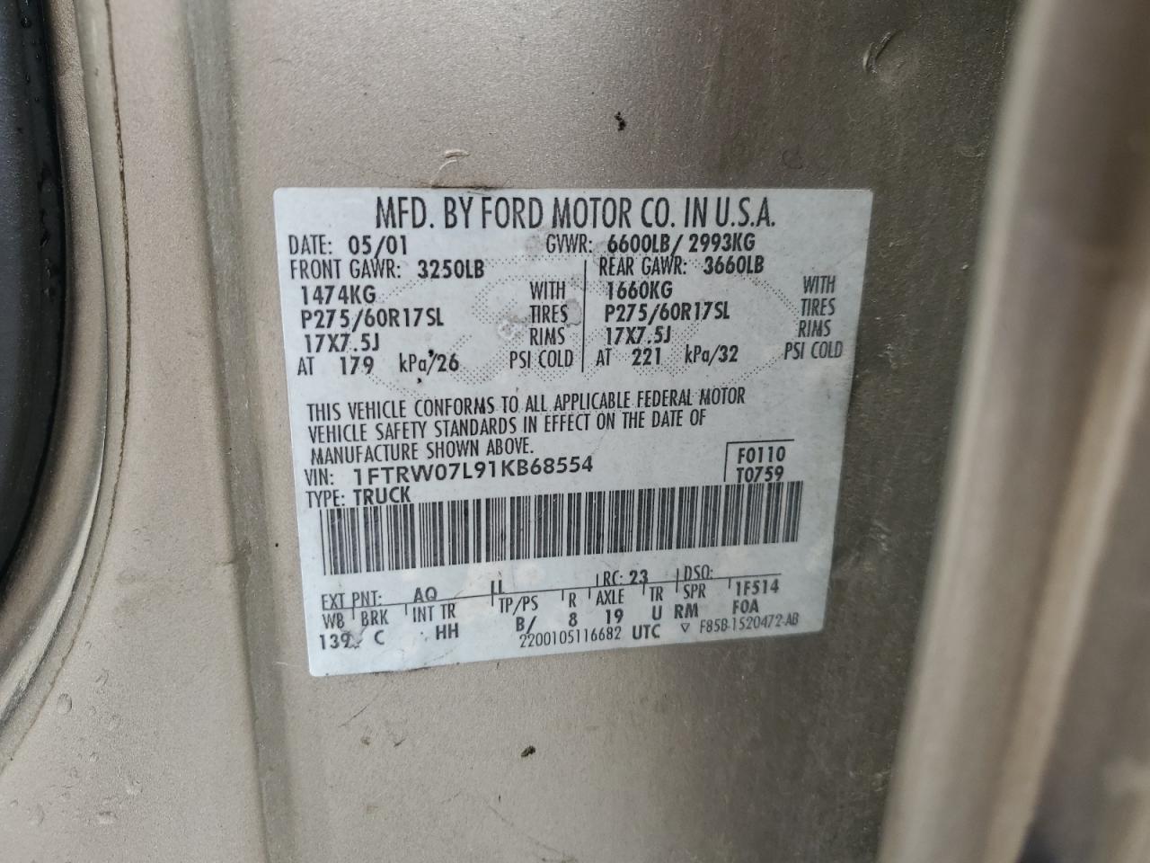 2001 Ford F150 Supercrew Gray vin: 1FTRW07L91KB68554