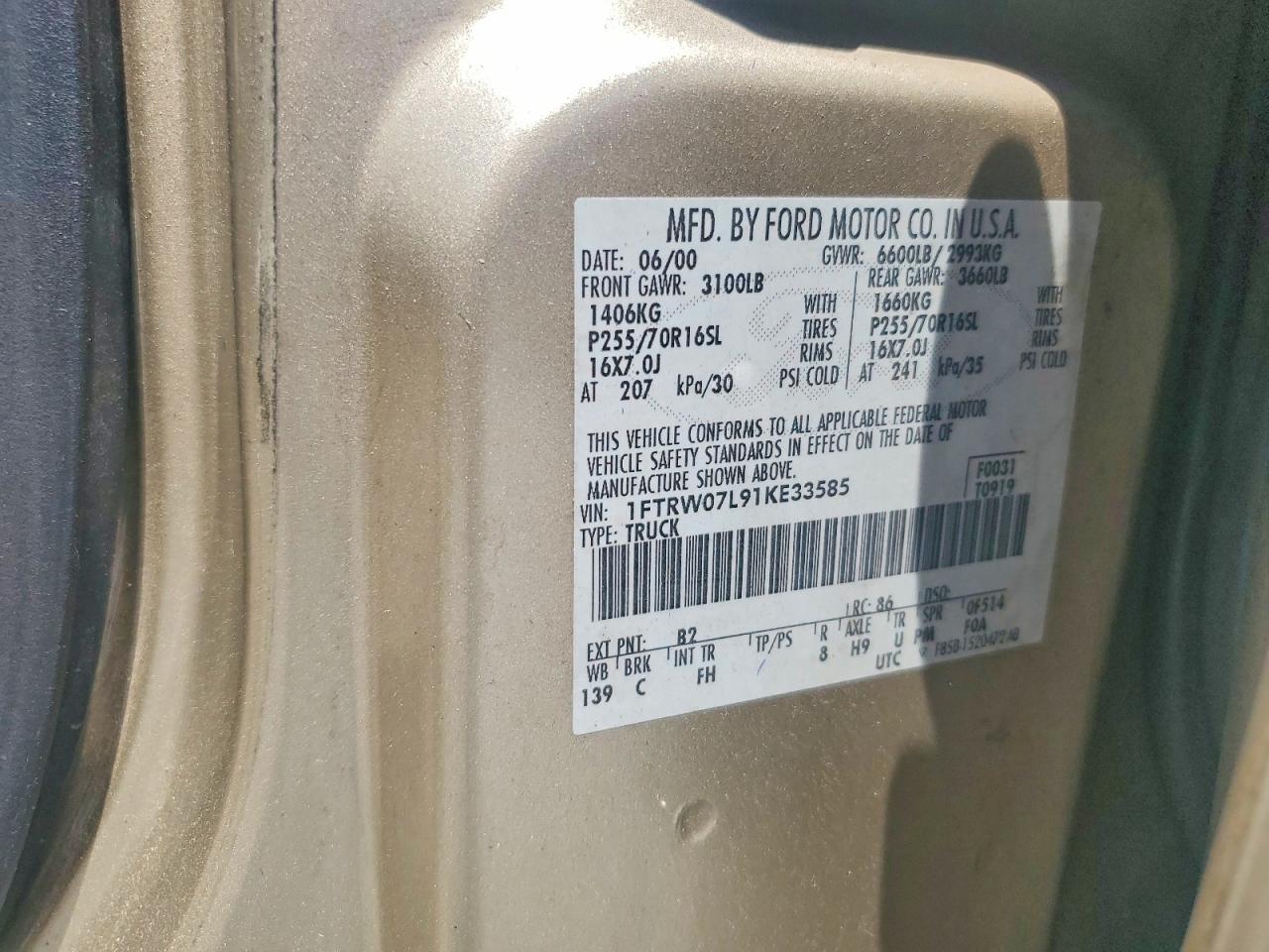 2001 Ford F150 Supercrew Tan vin: 1FTRW07L91KE33585