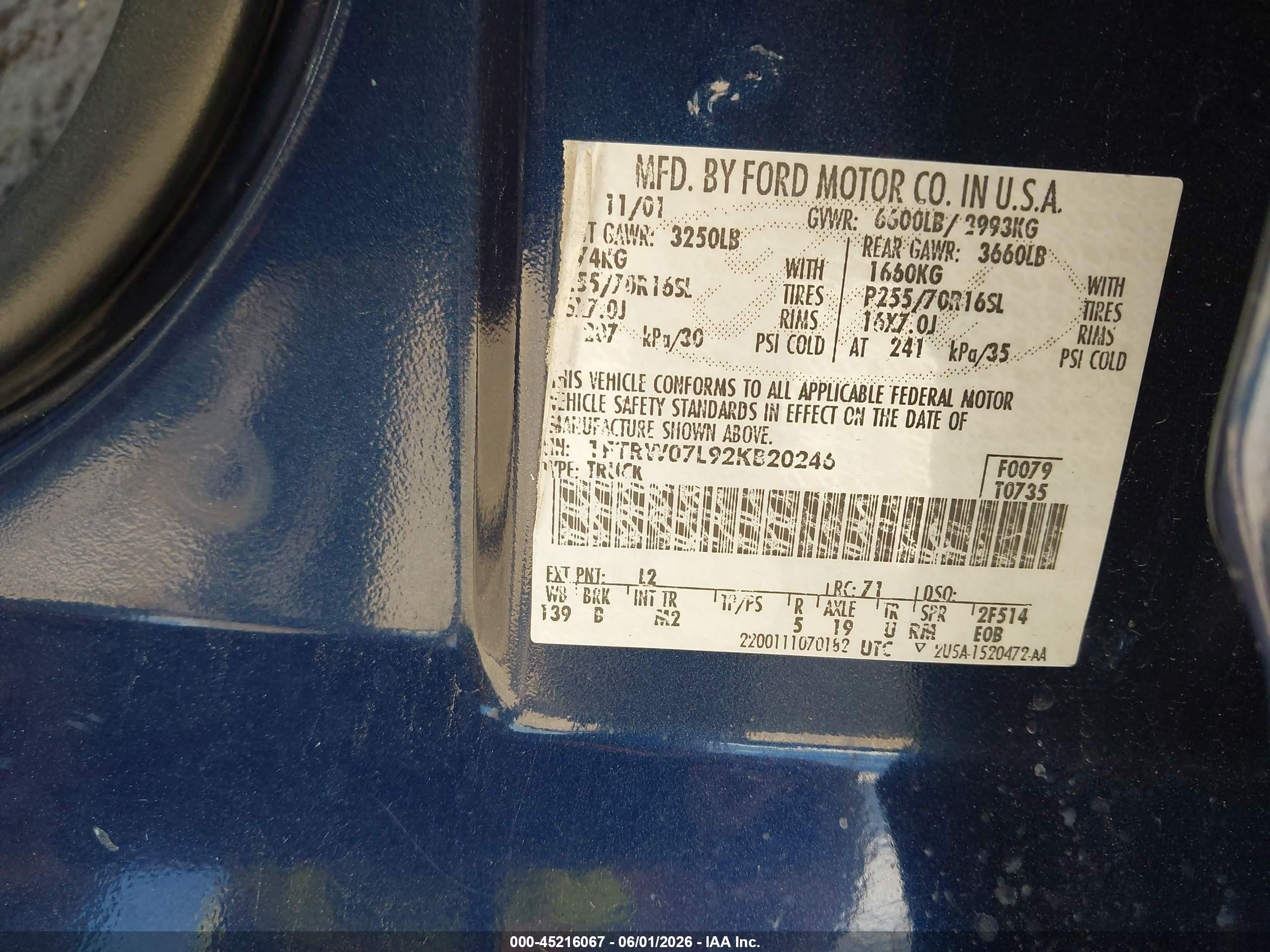 2002 Ford F-150 Lariat/xlt Blue vin: 1FTRW07L92KB20246