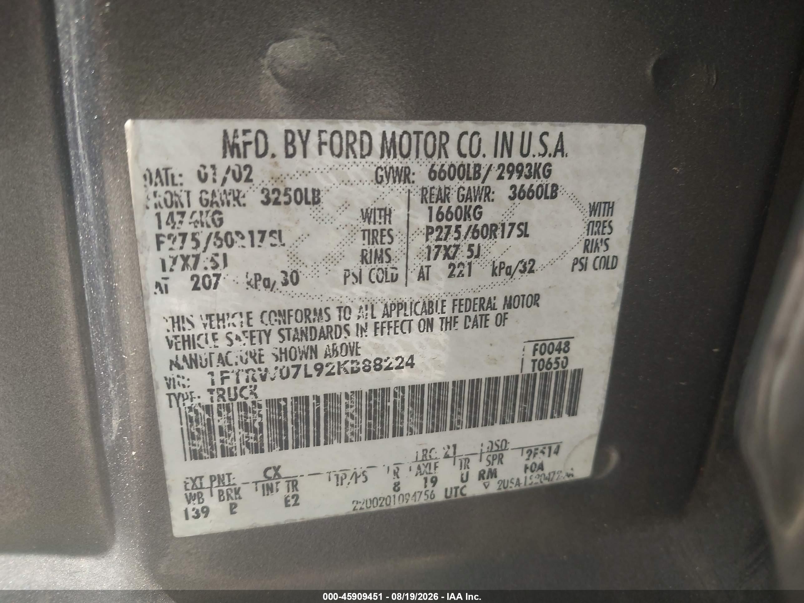 2002 Ford F-150 Lariat/xlt Gray vin: 1FTRW07L92KB88224