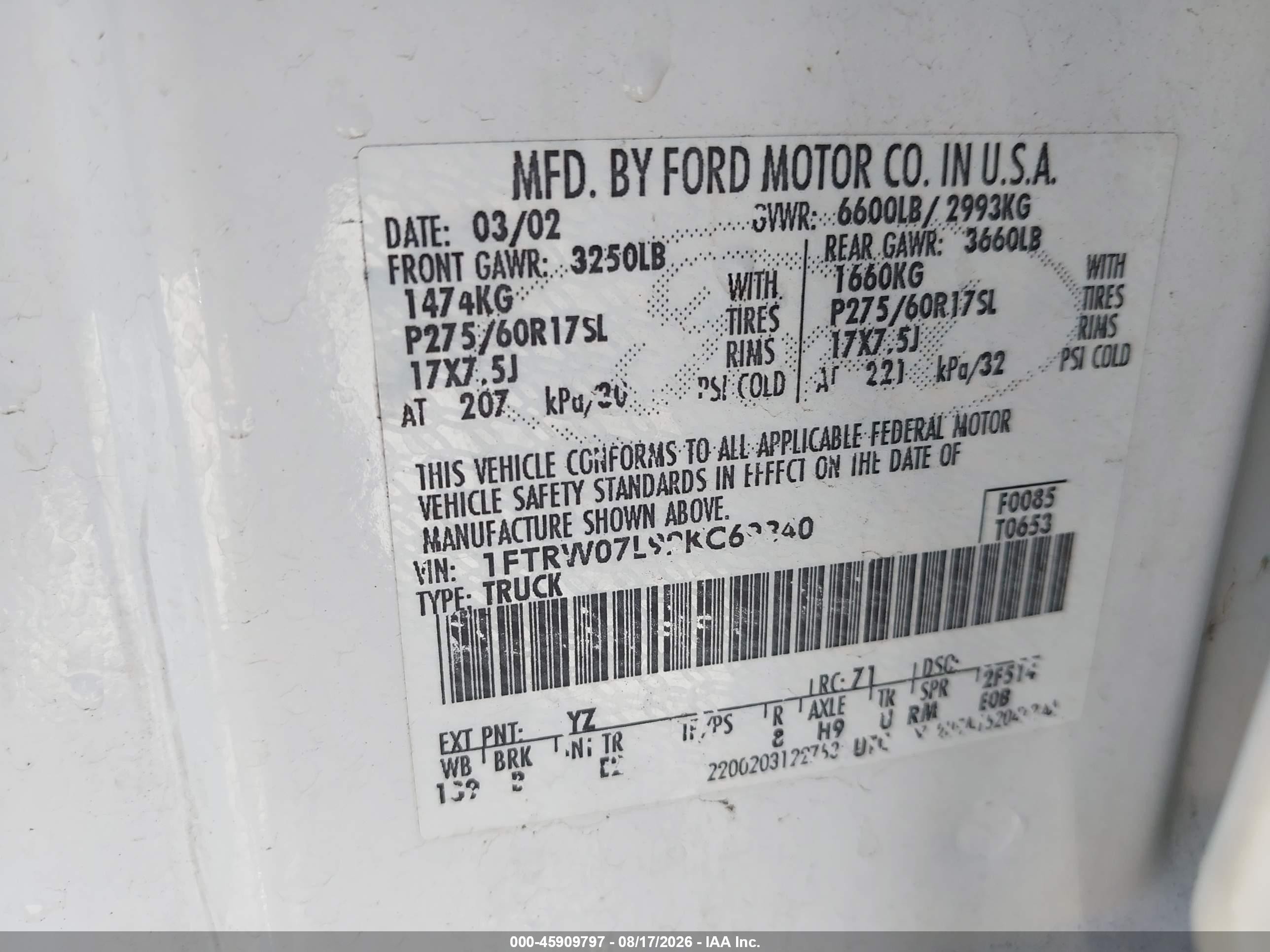 2002 Ford F-150 Lariat/xlt White vin: 1FTRW07L92KC69840