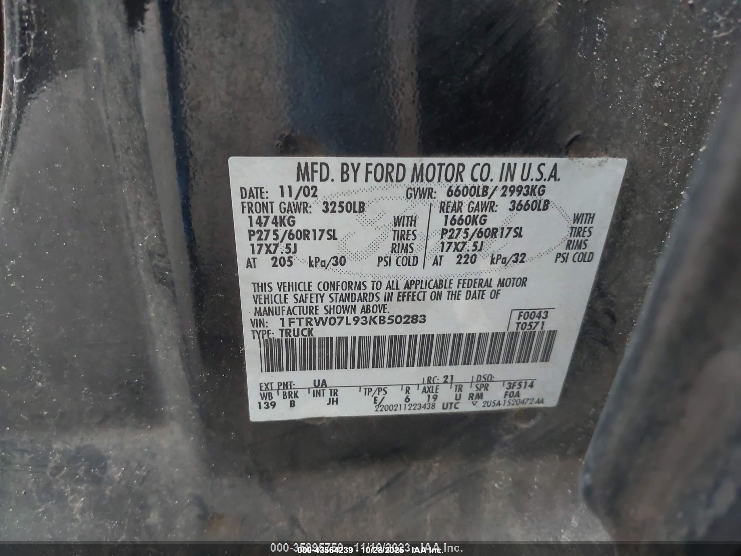 2003 Ford F-150 Lariat/xlt Black vin: 1FTRW07L93KB50283