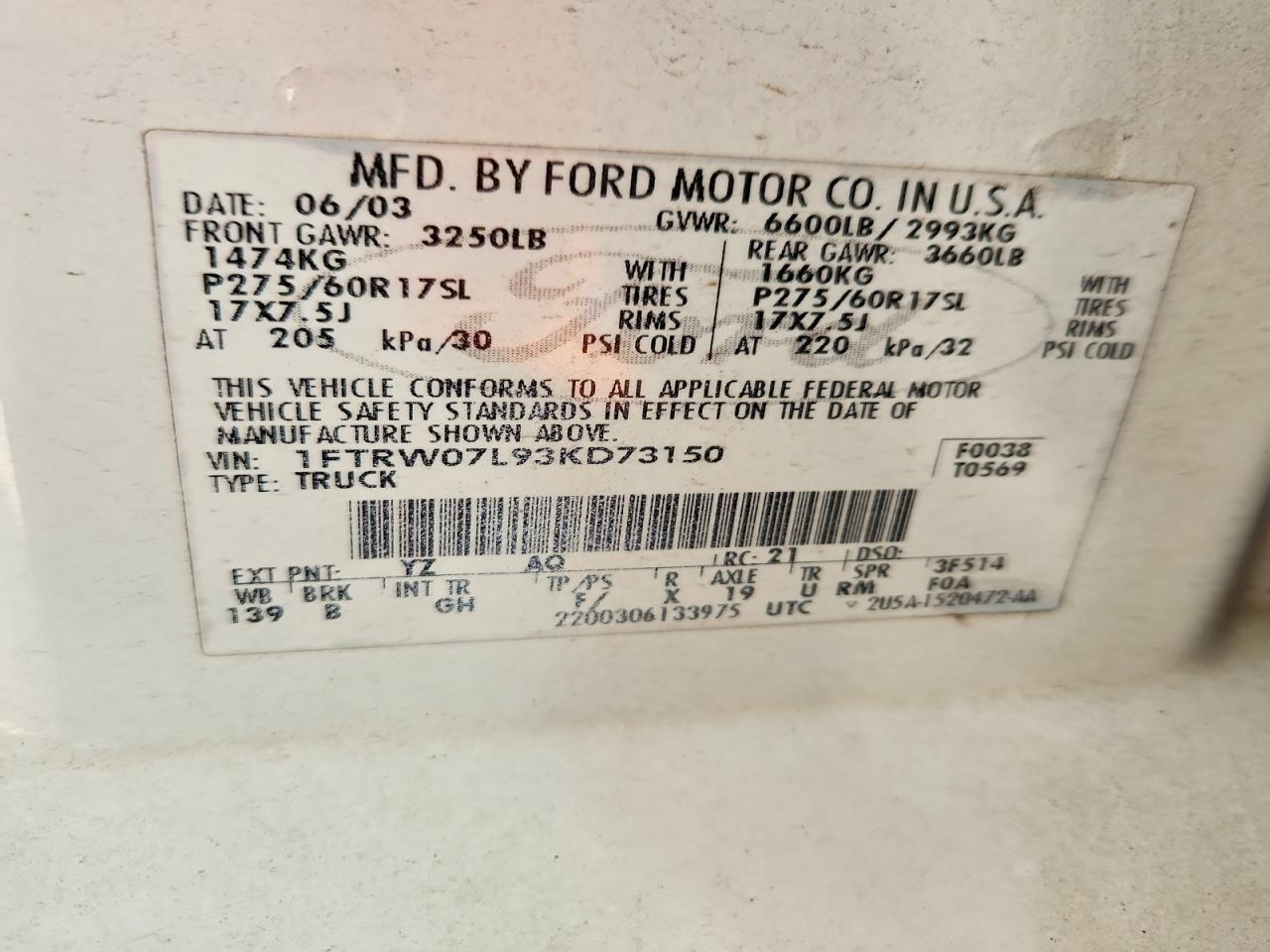 2003 Ford F150 White vin: 1FTRW07L93KD73150