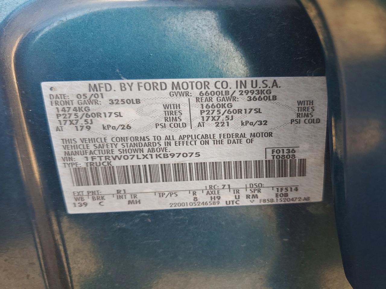 2001 Ford F150 Supercrew Green vin: 1FTRW07LX1KB97075