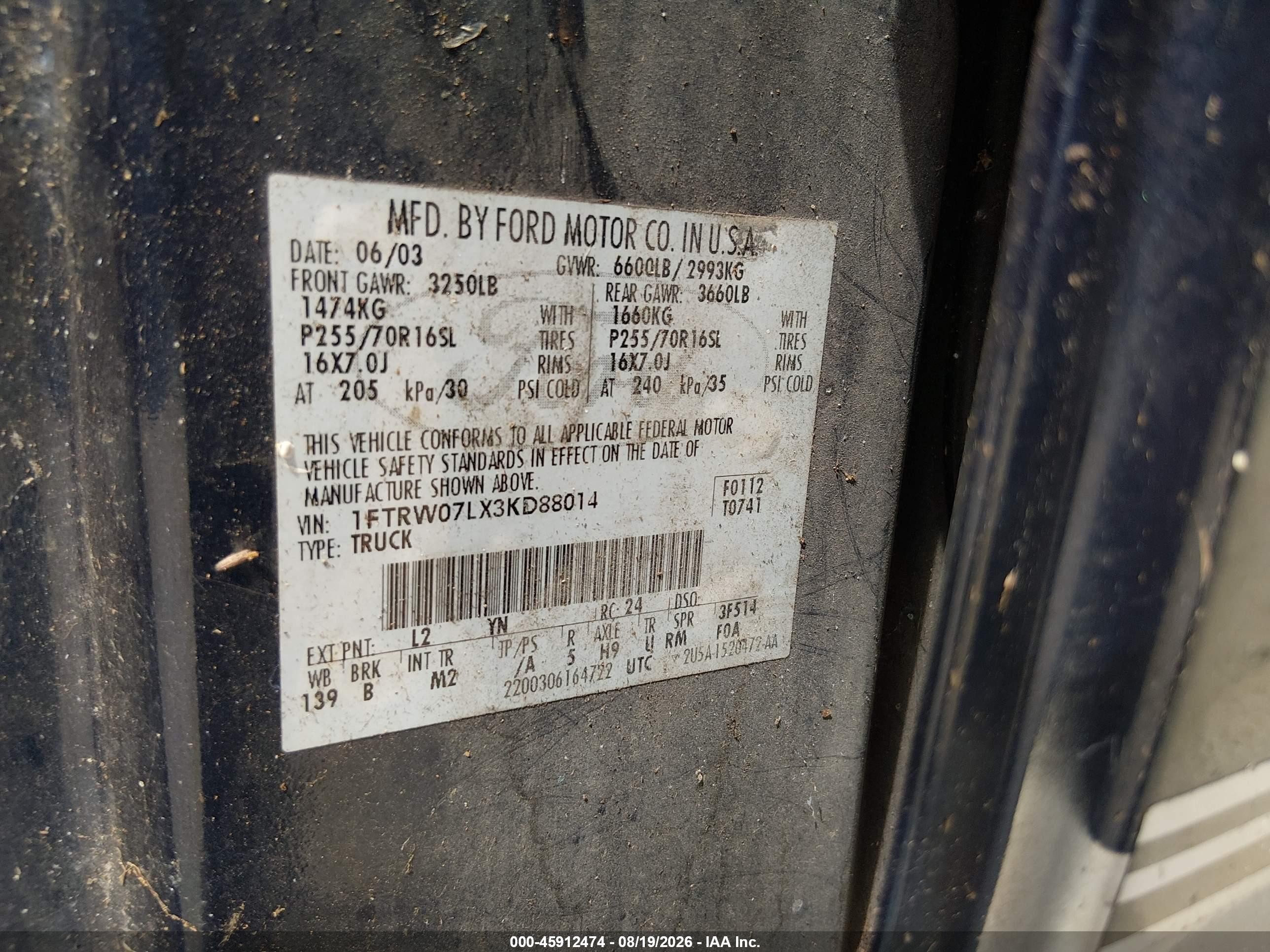 2003 Ford F-150 Lariat/xlt Blue vin: 1FTRW07LX3KD88014