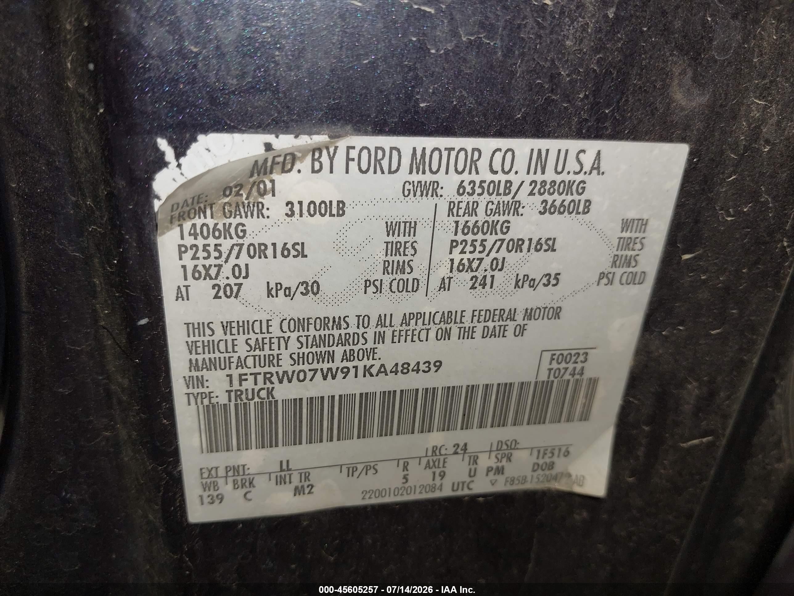 2001 Ford F-150 Harley-davidson Edition/king Ranch Edition/lariat/xlt Dark Blue vin: 1FTRW07W91KA48439