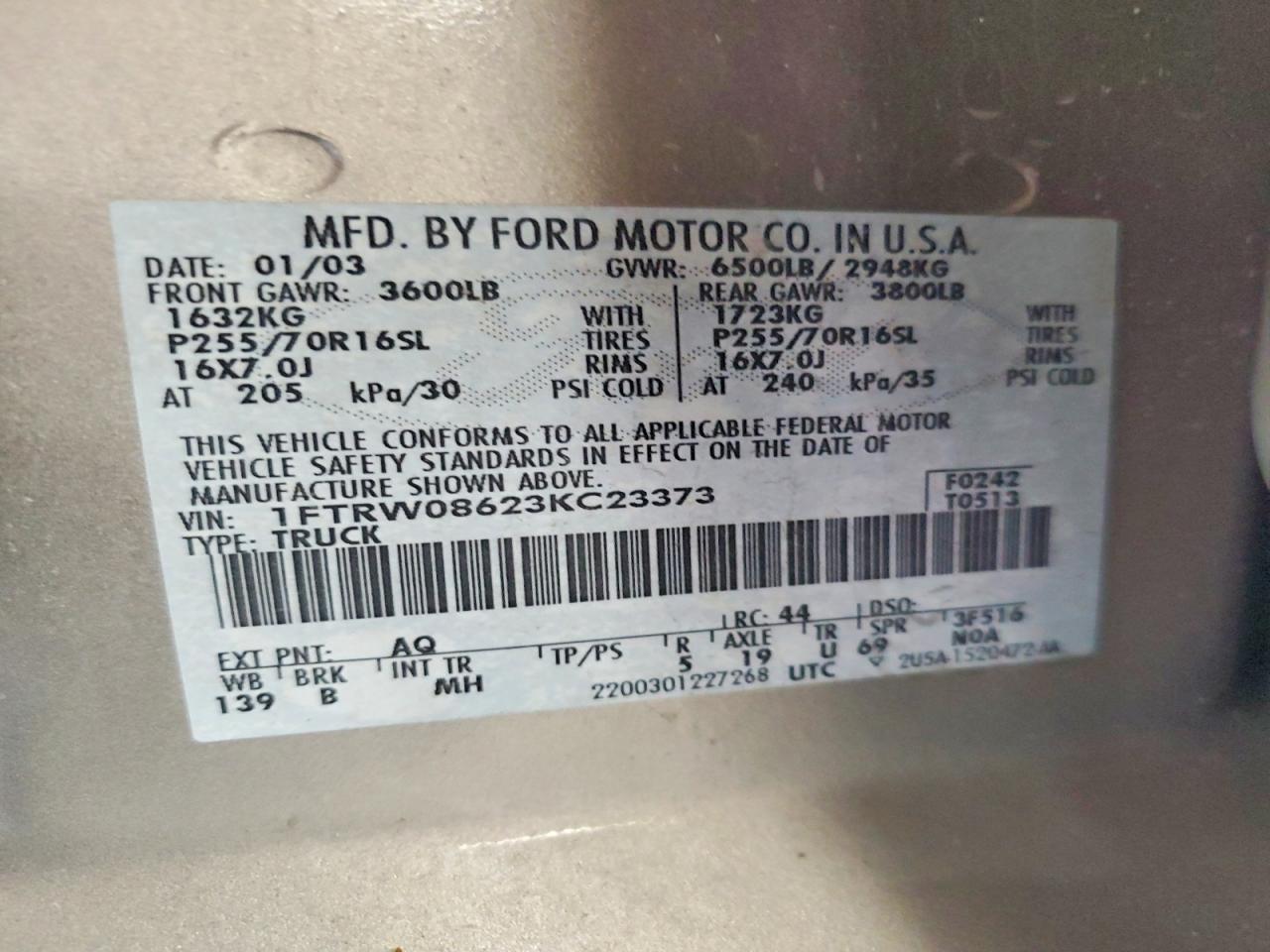 2003 Ford F150 Supercrew Tan vin: 1FTRW08623KC23373