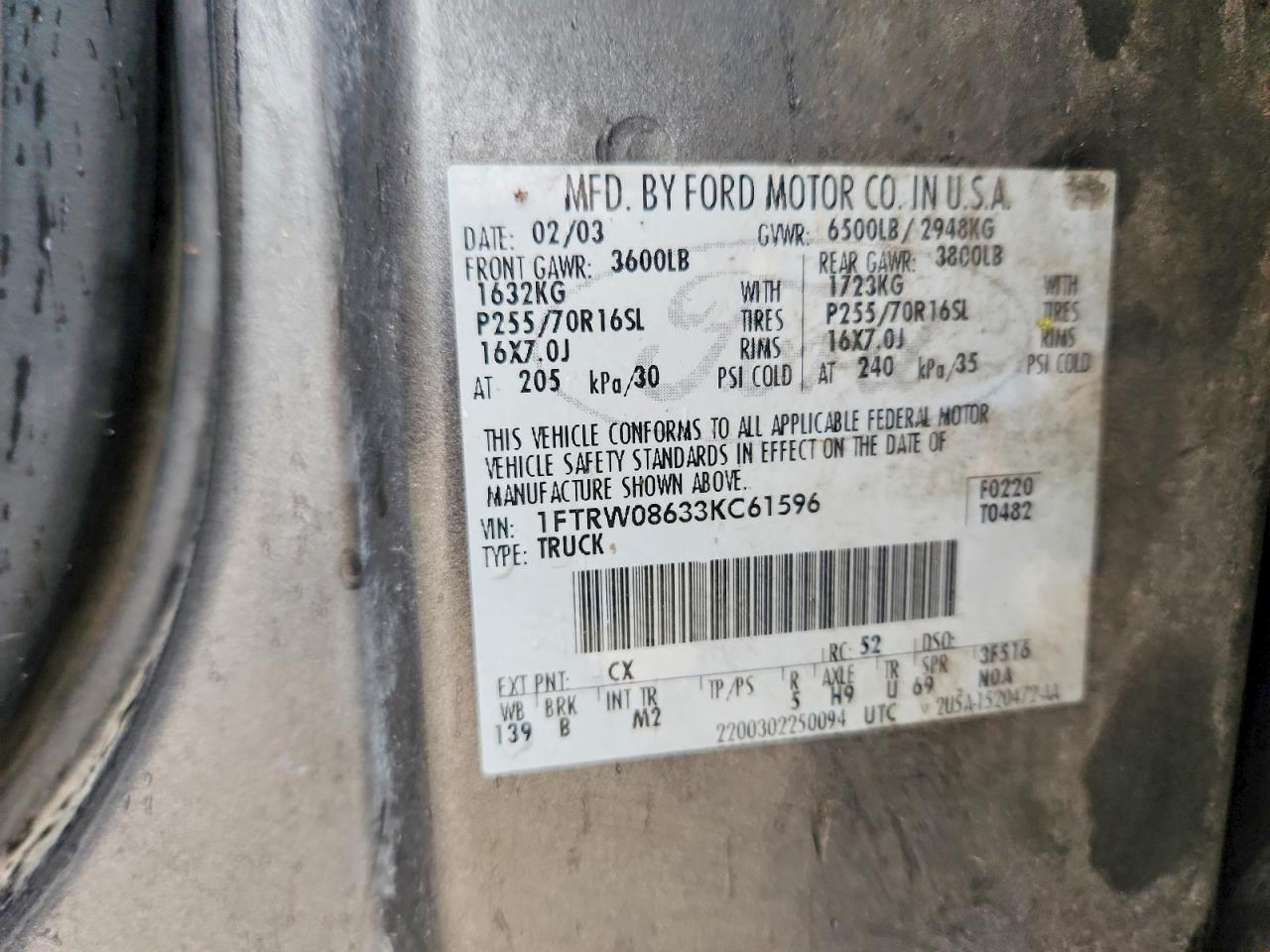2003 Ford F150 Supercrew Gray vin: 1FTRW08633KC61596
