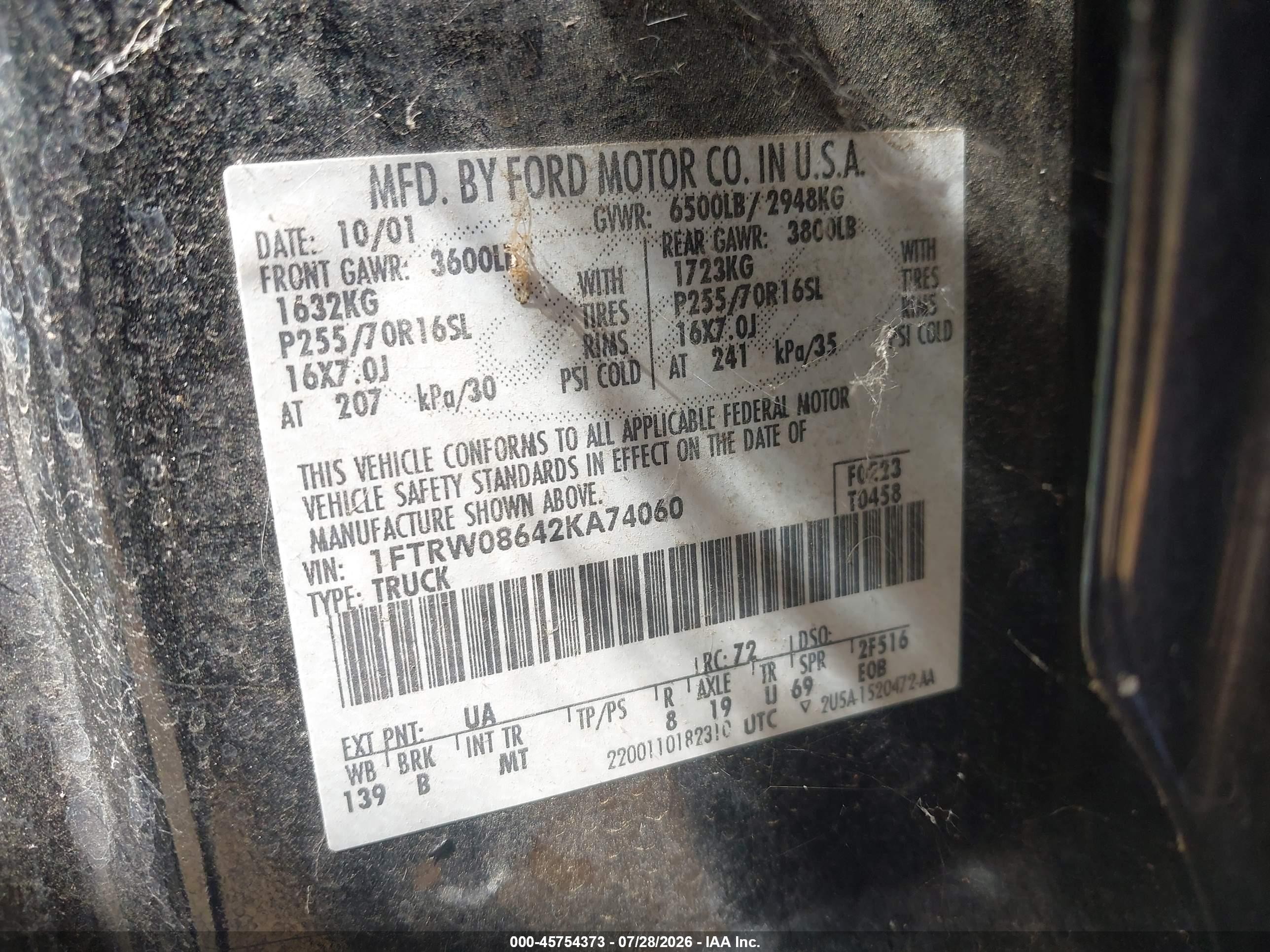 2002 Ford F-150 Lariat/xlt Black vin: 1FTRW08642KA74060