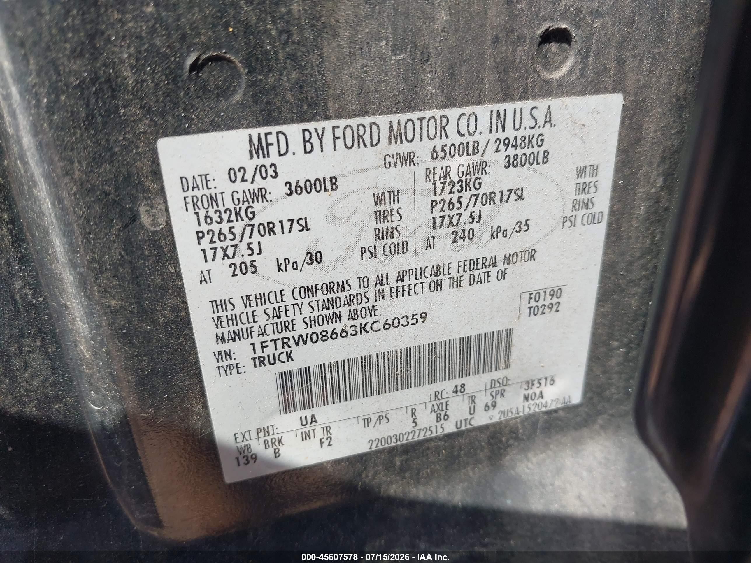 2003 Ford F-150 Lariat/xlt Black vin: 1FTRW08663KC60359