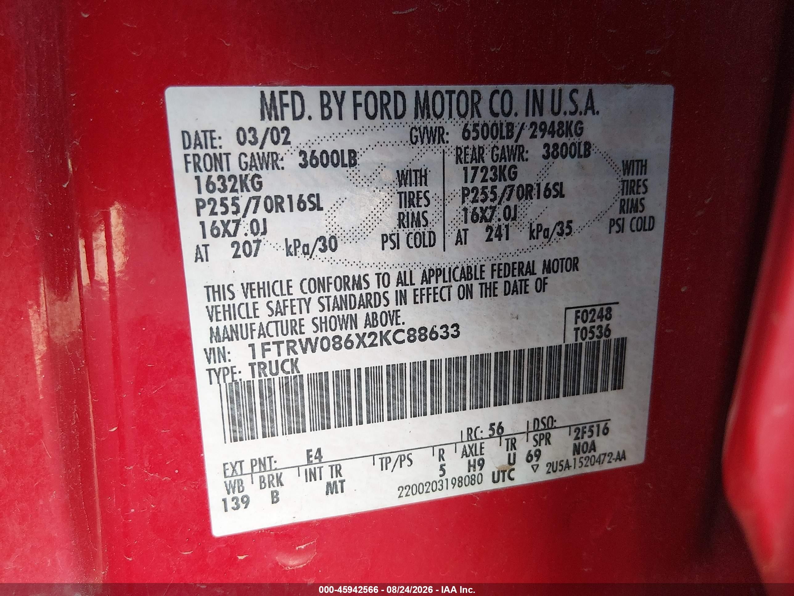 2002 Ford F-150 Lariat/xlt Red vin: 1FTRW086X2KC88633