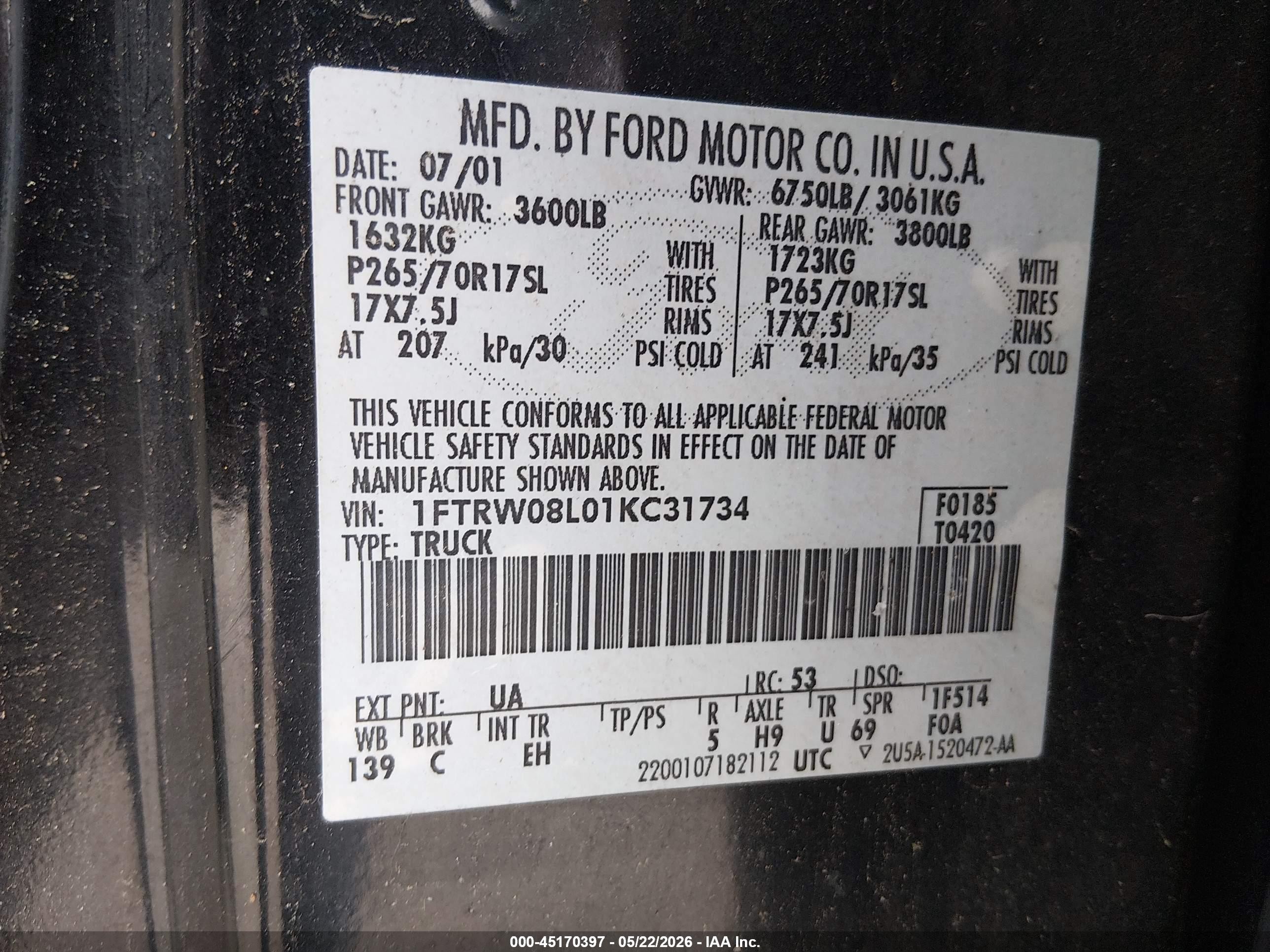 2001 Ford F150 Supercrew Black vin: 1FTRW08L01KC31734