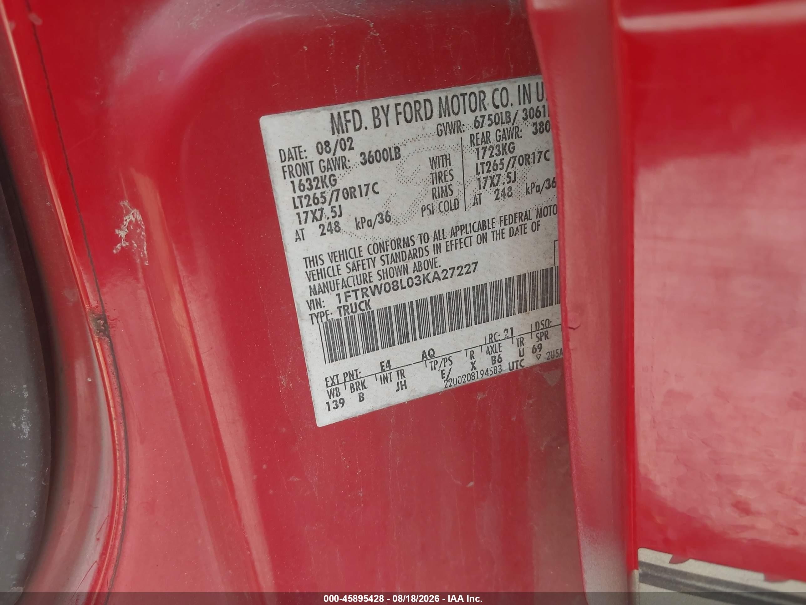 2003 Ford F-150 Lariat/xlt Red vin: 1FTRW08L03KA27227