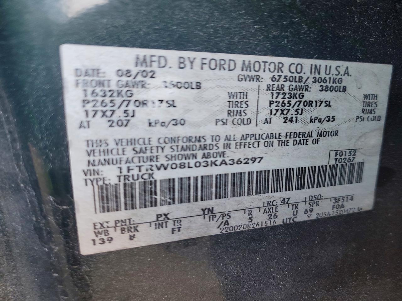 2003 Ford F150 Supercrew Green vin: 1FTRW08L03KA36297