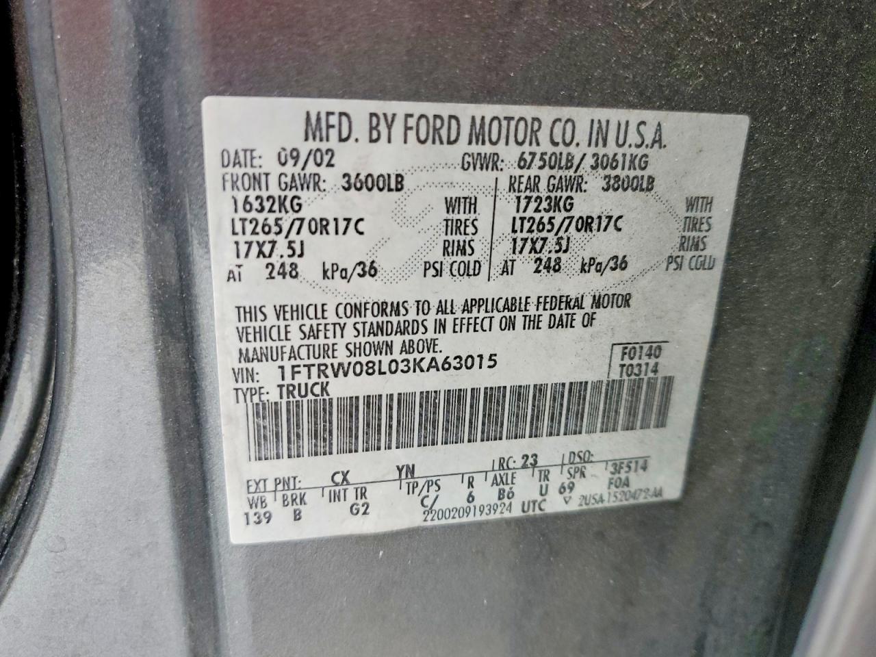 2003 Ford F150 Supercrew Gray vin: 1FTRW08L03KA63015