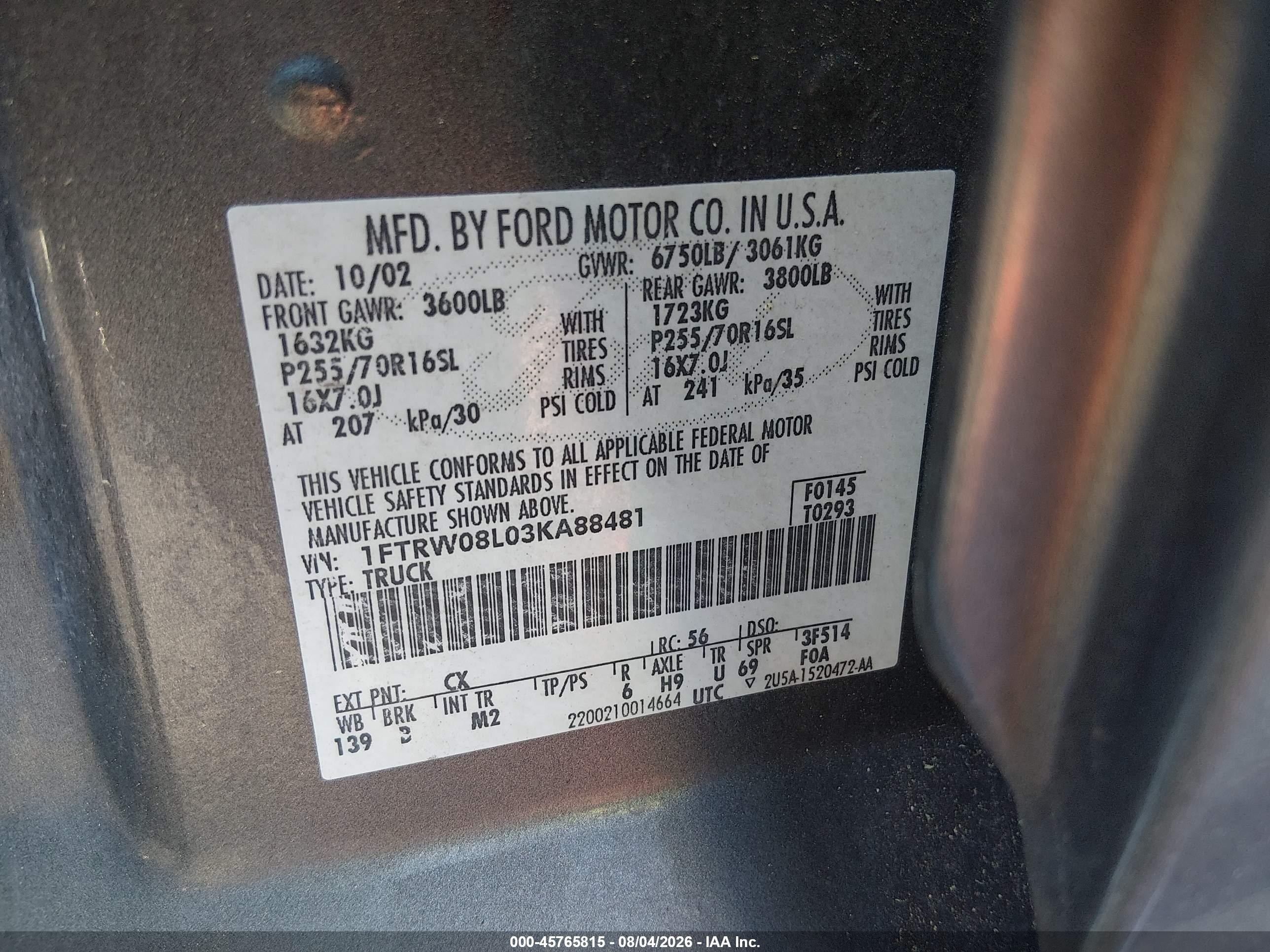 2003 Ford F-150 Lariat/xlt Gray vin: 1FTRW08L03KA88481
