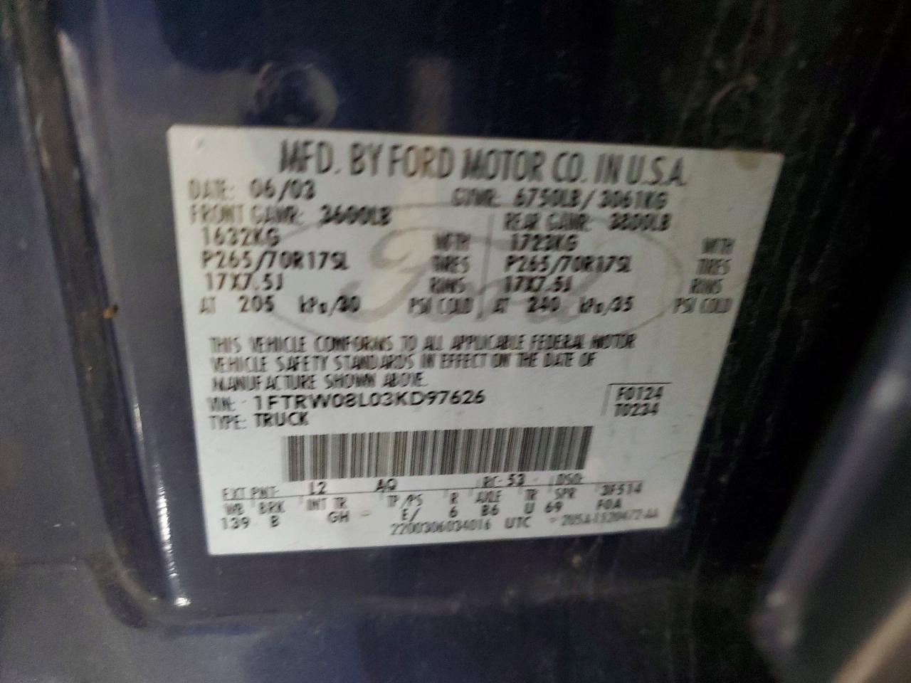 2003 Ford F150 Supercrew Blue vin: 1FTRW08L03KD97626