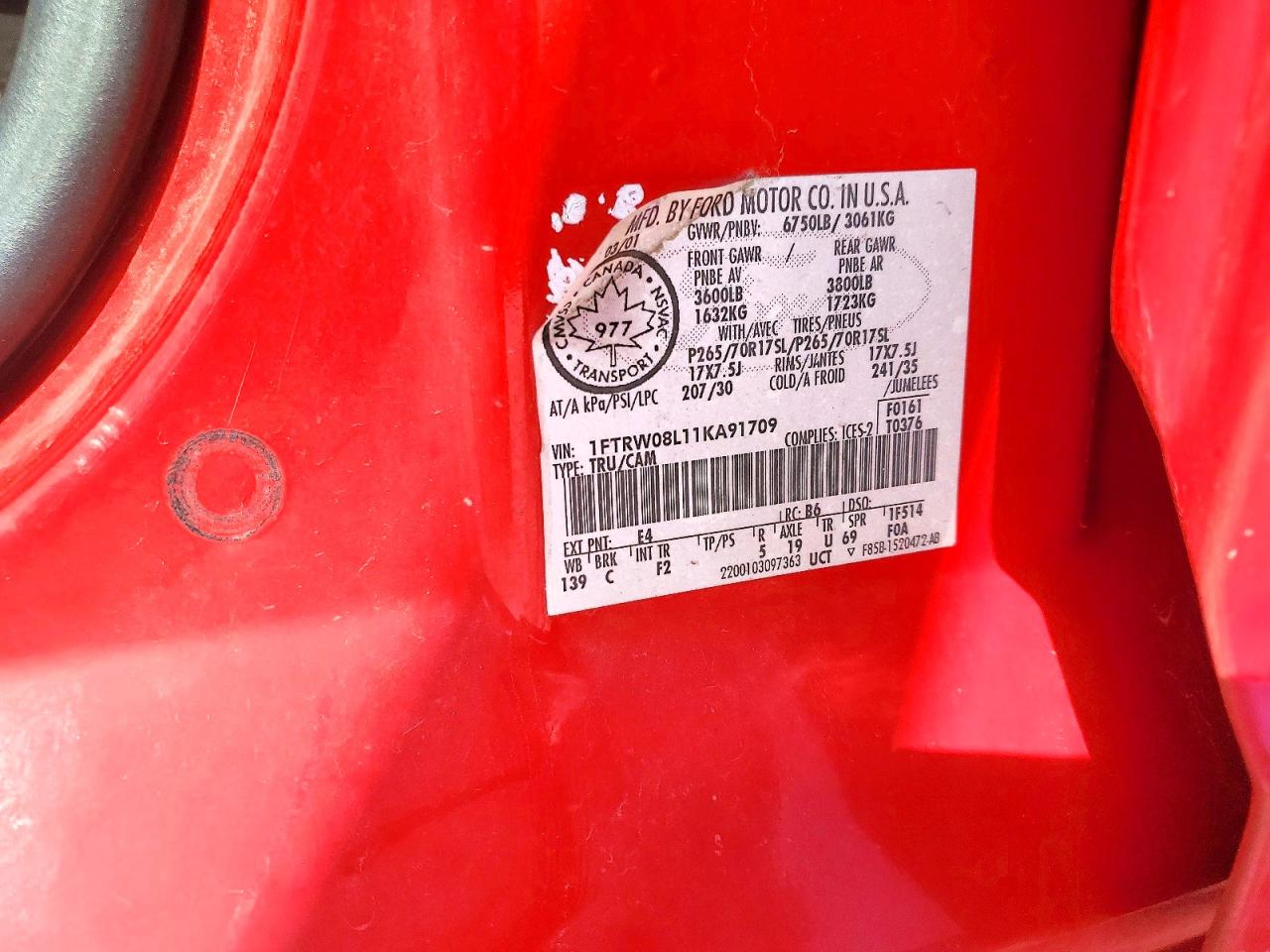 2001 Ford F150 Supercrew Red vin: 1FTRW08L11KA91709