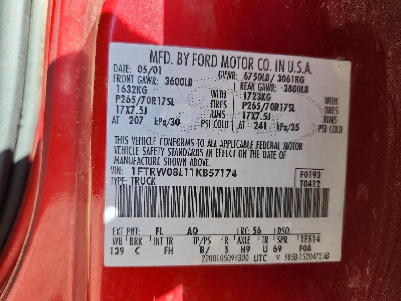 2001 Ford F150 Supercrew Красный vin: 1FTRW08L11KB57174