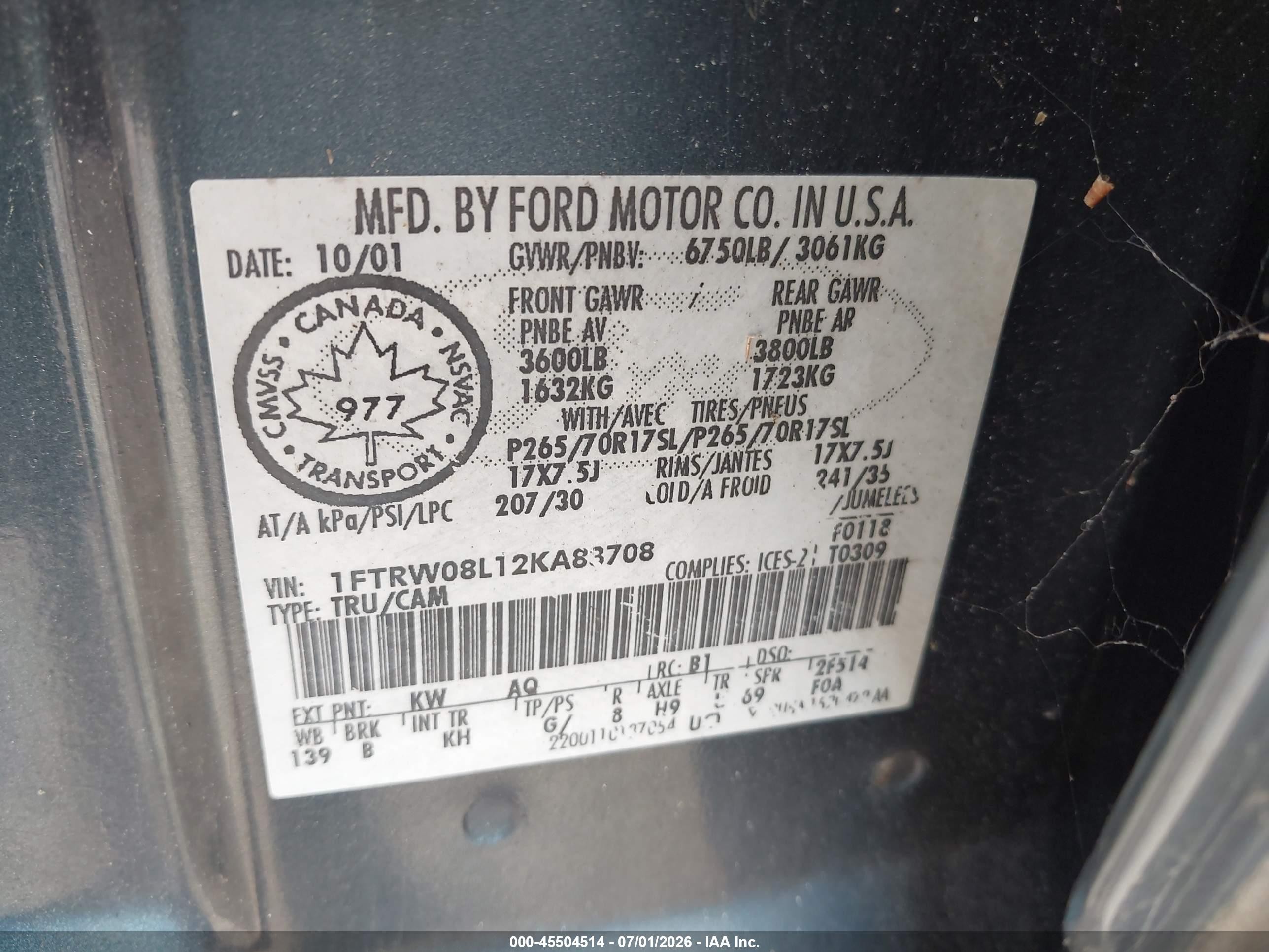 2002 Ford F-150 Lariat/xlt Blue vin: 1FTRW08L12KA83708